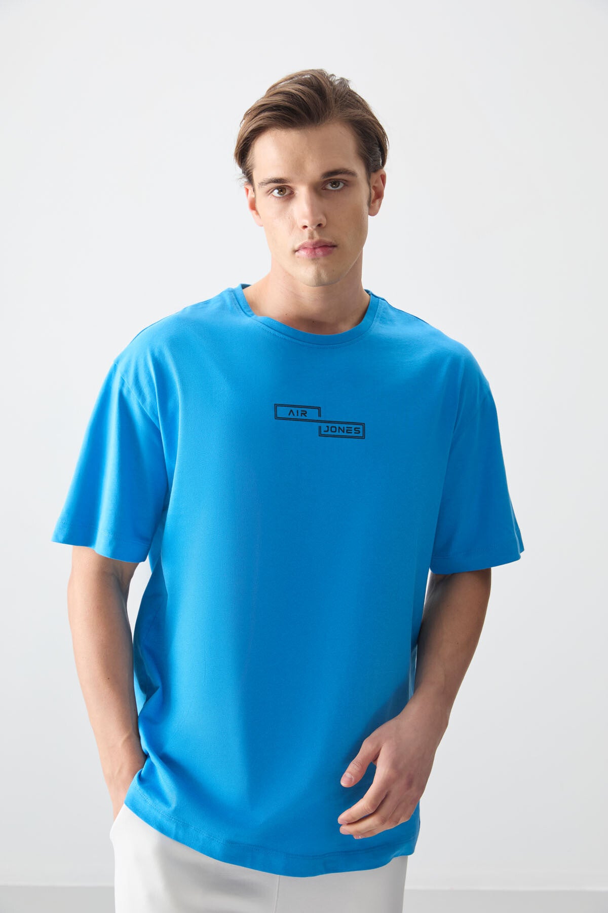 Image of Petrol Mavi %100 Pamuk Kalın Yumuşak Dokulu Oversize Fit Baskılı Erkek T-Shirt - 88361
