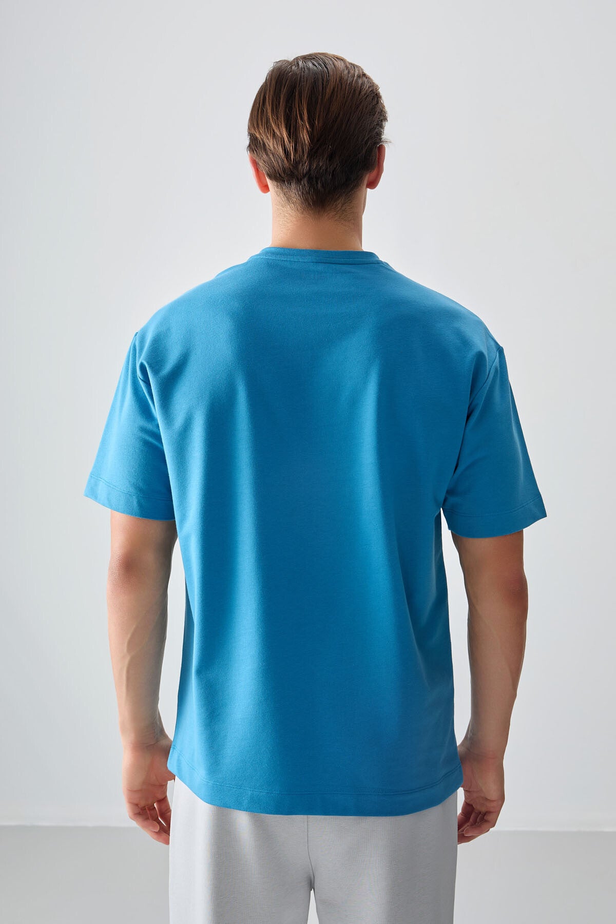 Image of Petrol Mavi Pamuklu Kalın Yumuşak Dokulu Oversize Fit Basic Erkek T-Shirt - 88378