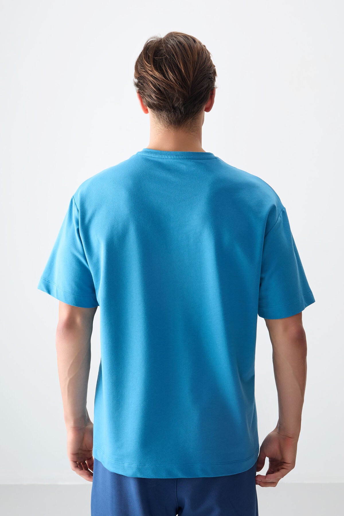 Image of Petrol Mavi Pamuklu Kalın Yumuşak Dokulu Oversize Fit Baskılı Erkek T-Shirt - 88375