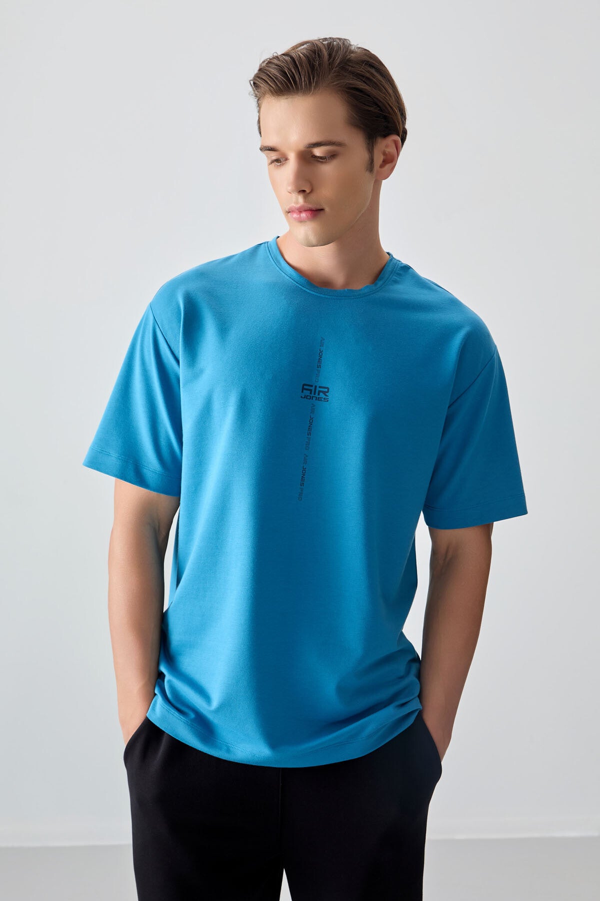 Image of Petrol Mavi Pamuklu Kalın Yumuşak Dokulu Oversize Fit Baskılı Erkek T-Shirt - 88373
