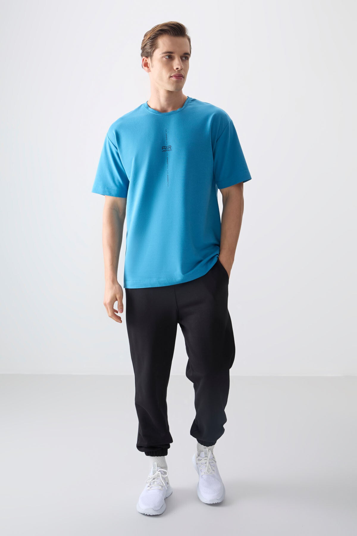 Image of Petrol Mavi Pamuklu Kalın Yumuşak Dokulu Oversize Fit Baskılı Erkek T-Shirt - 88373