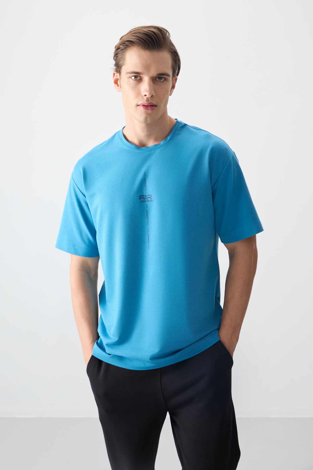 Image of Petrol Mavi Pamuklu Kalın Yumuşak Dokulu Oversize Fit Baskılı Erkek T-Shirt - 88373