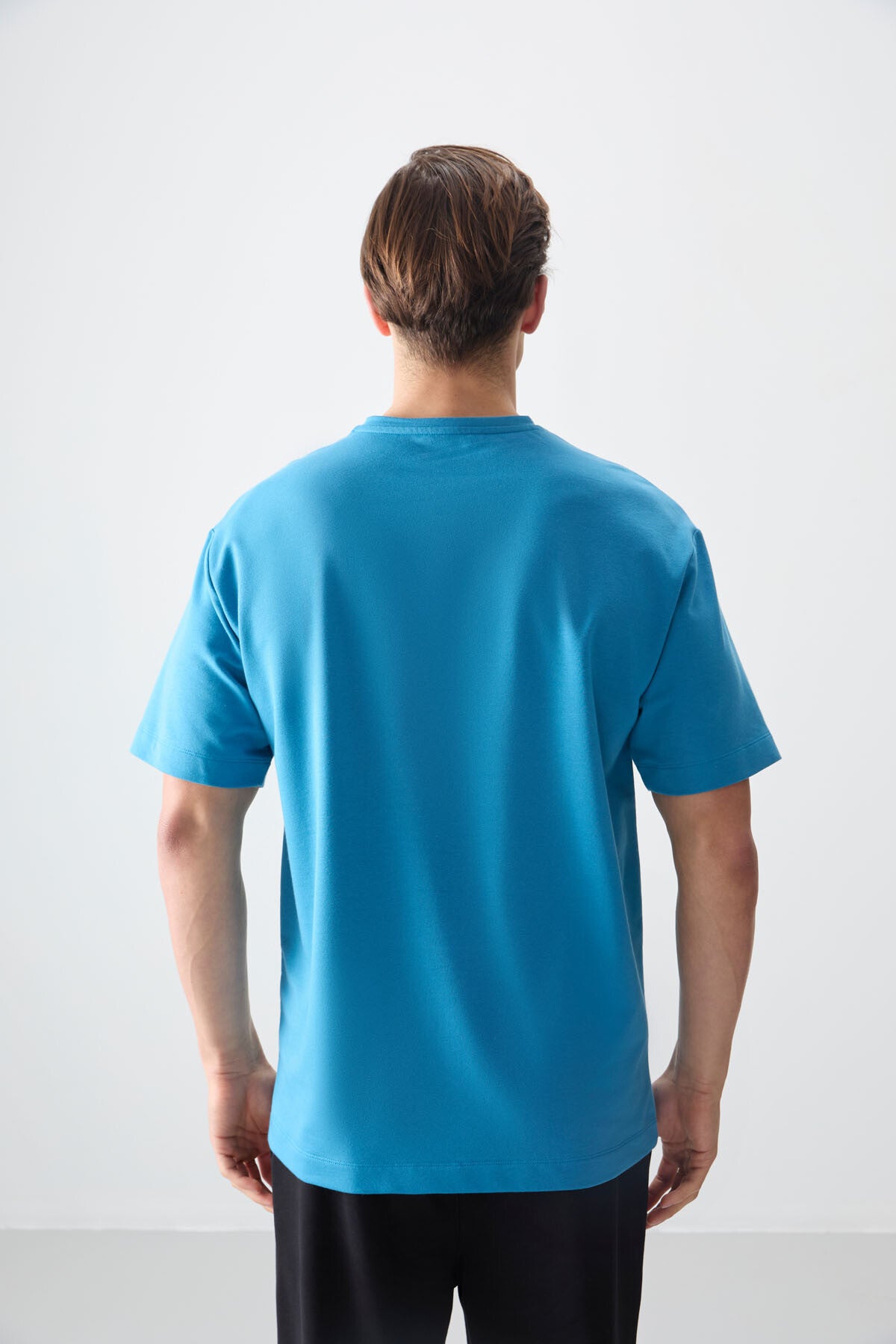 Image of Petrol Mavi Pamuklu Kalın Yumuşak Dokulu Oversize Fit Baskılı Erkek T-Shirt - 88373
