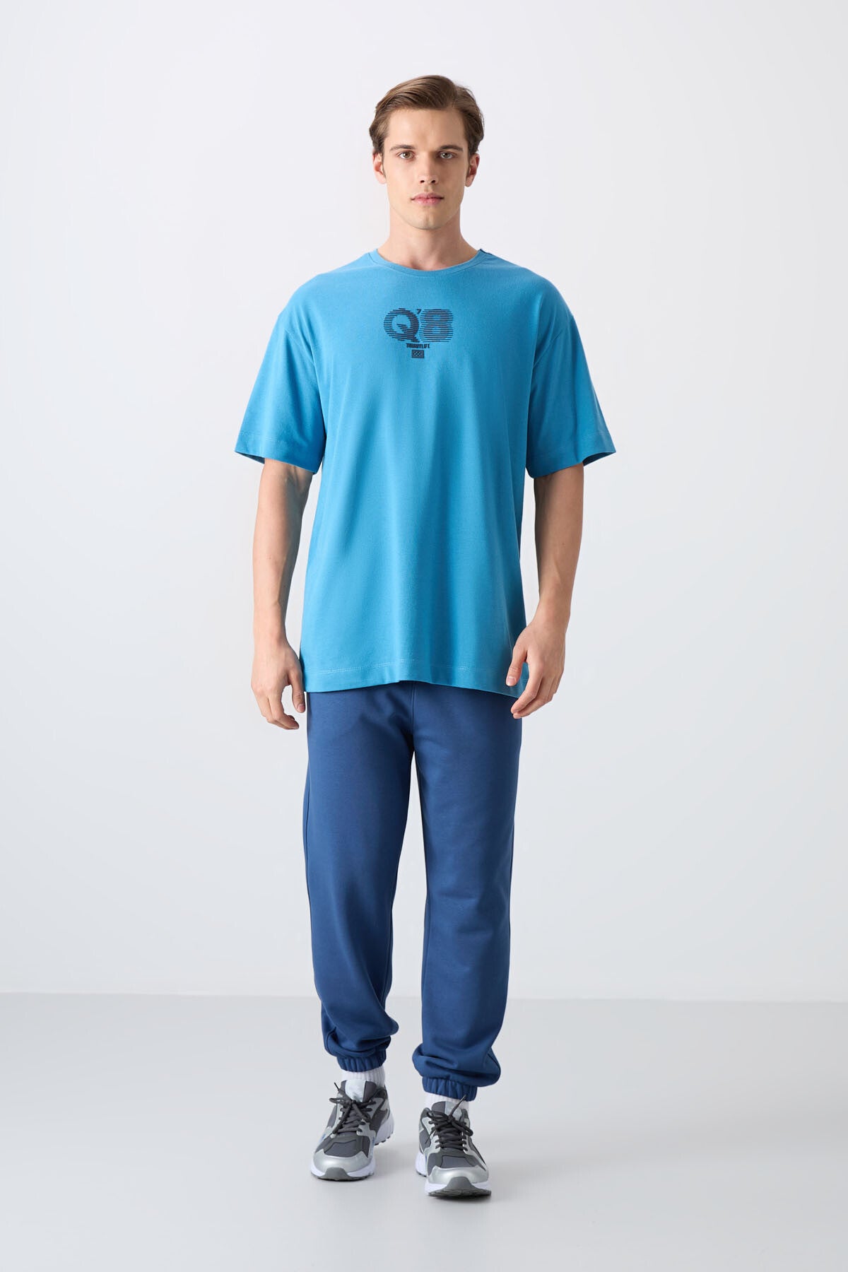 Image of Petrol Mavi Pamuklu Kalın Yumuşak Dokulu Oversize Fit Baskılı Erkek T-Shirt - 88333