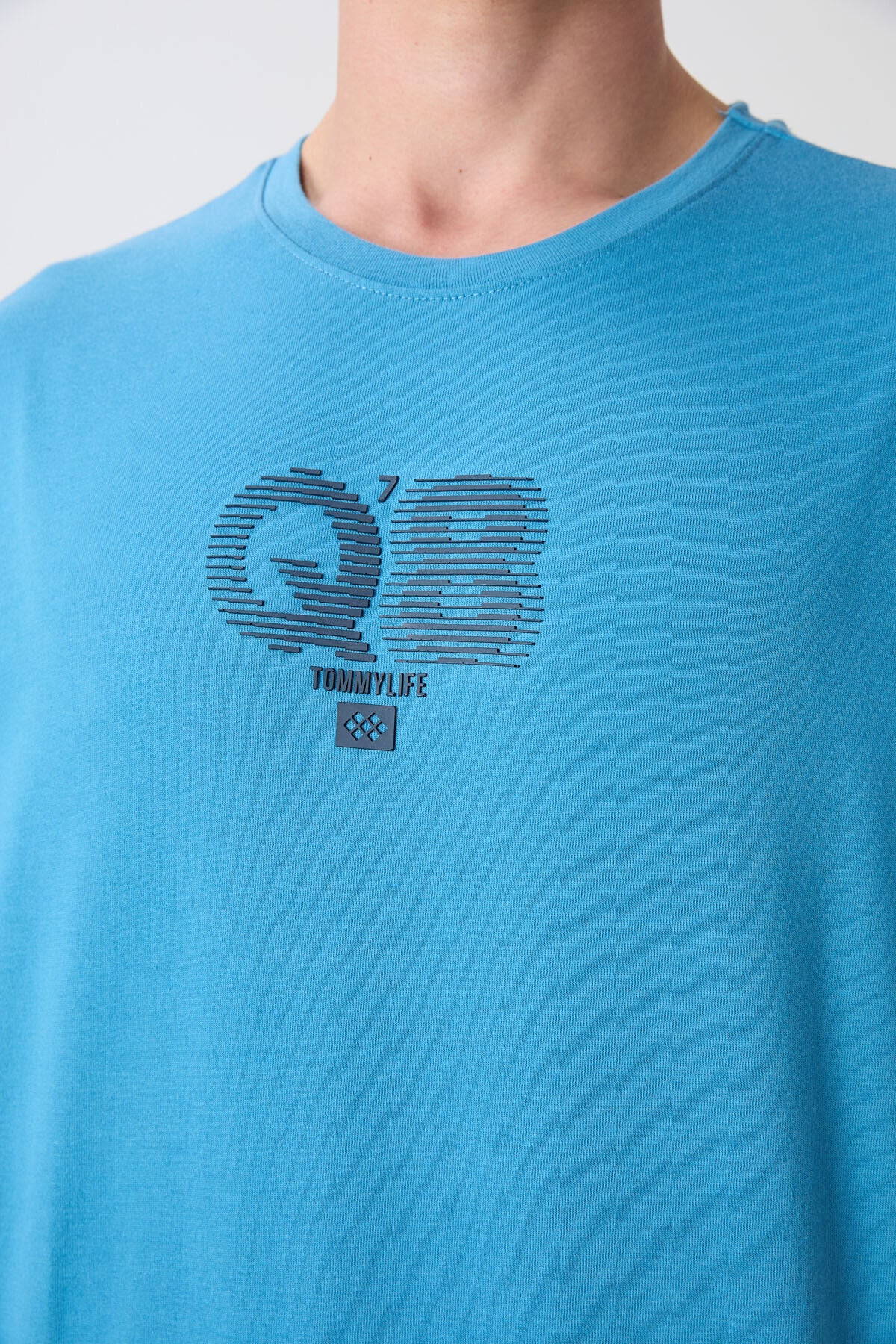 Image of Petrol Mavi Pamuklu Kalın Yumuşak Dokulu Oversize Fit Baskılı Erkek T-Shirt - 88333