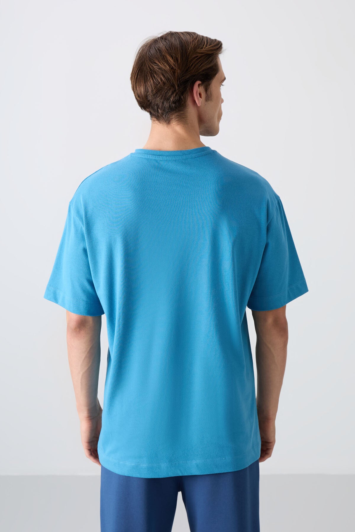 Image of Petrol Mavi Pamuklu Kalın Yumuşak Dokulu Oversize Fit Baskılı Erkek T-Shirt - 88333