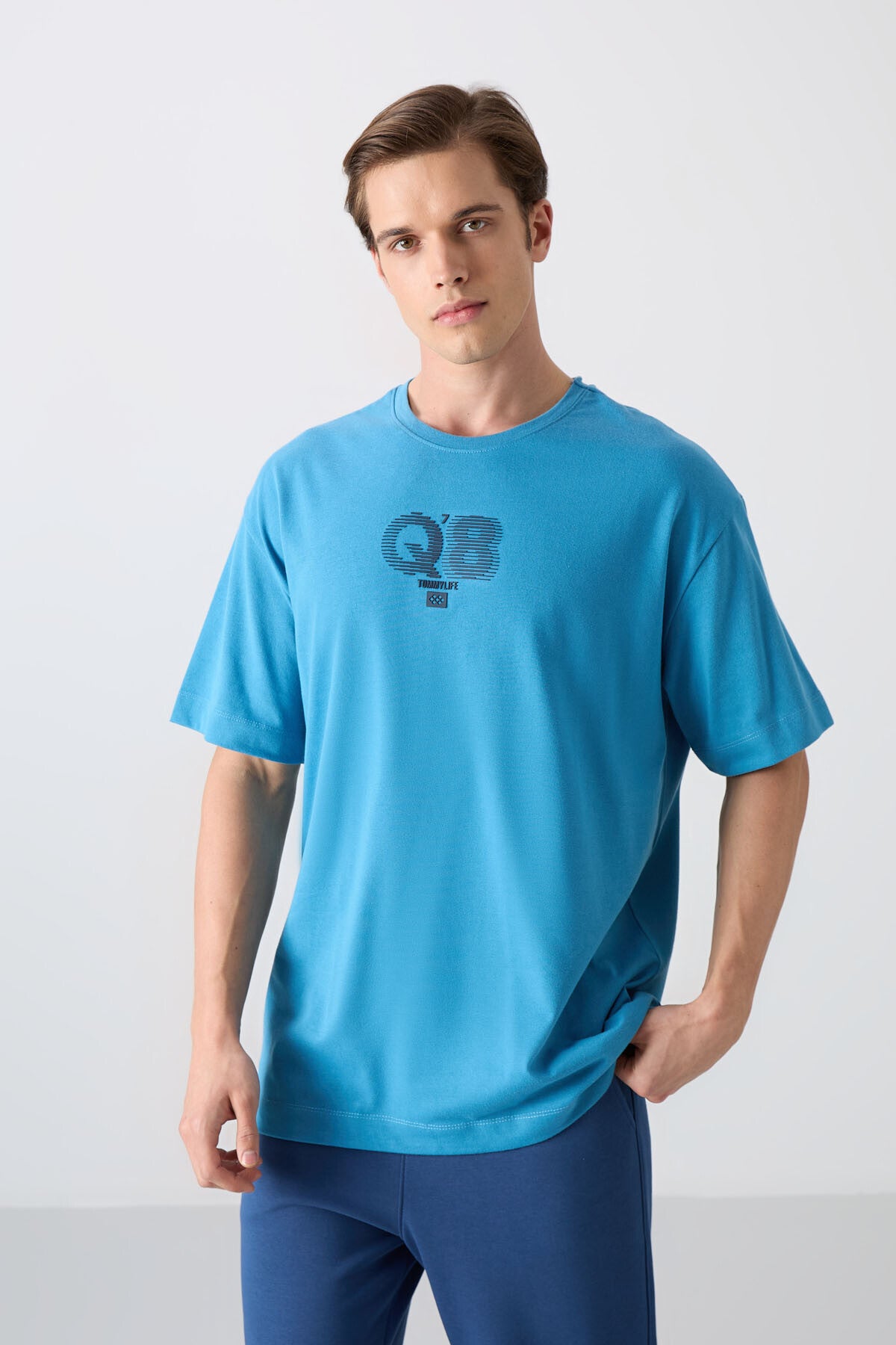 Image of Petrol Mavi Pamuklu Kalın Yumuşak Dokulu Oversize Fit Baskılı Erkek T-Shirt - 88333