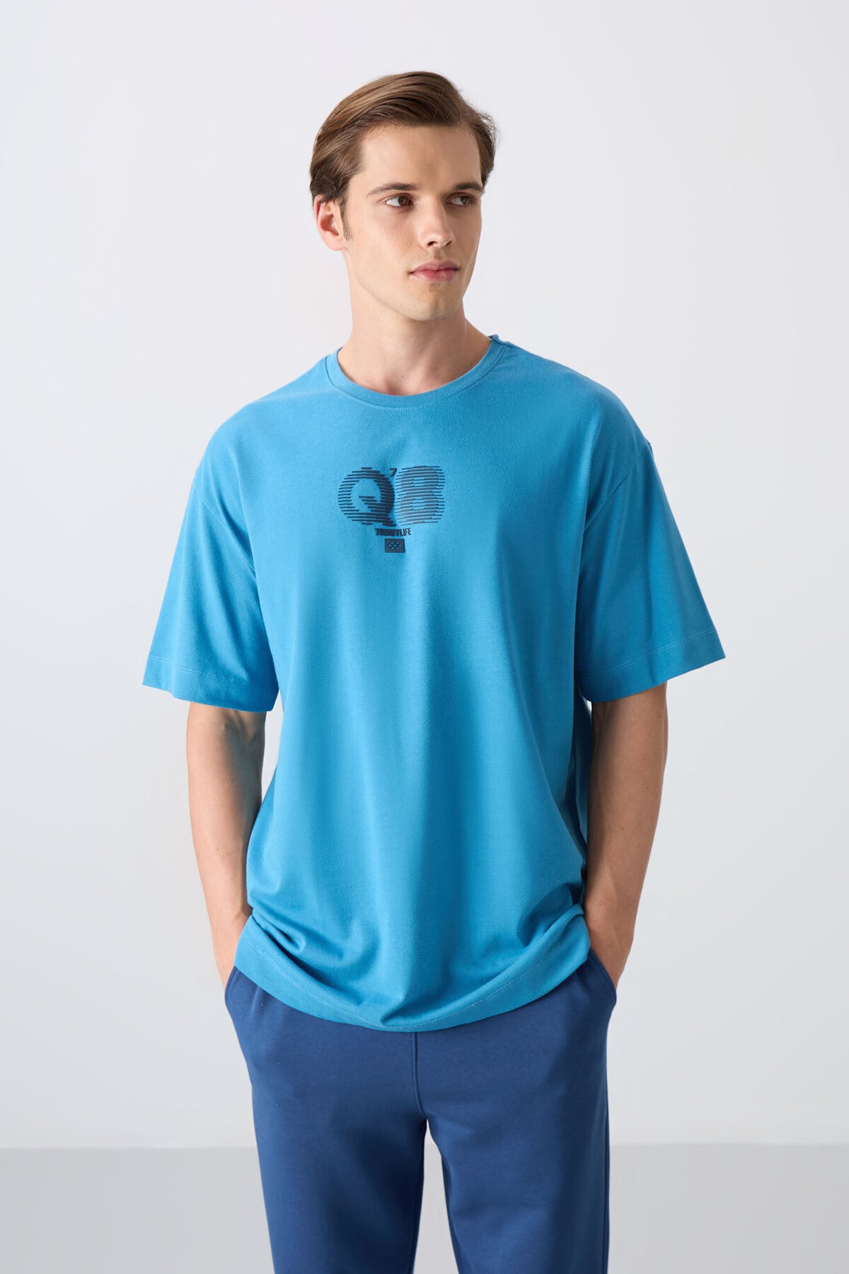Image of Petrol Mavi Pamuklu Kalın Yumuşak Dokulu Oversize Fit Baskılı Erkek T-Shirt - 88333