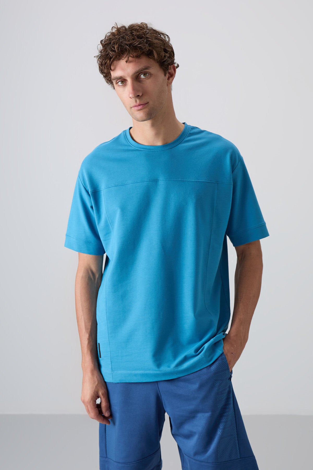 Image of Petrol Blue Cotton Thick Soft Textured Oversize Fit Basic Men's T-Shirt - 88349