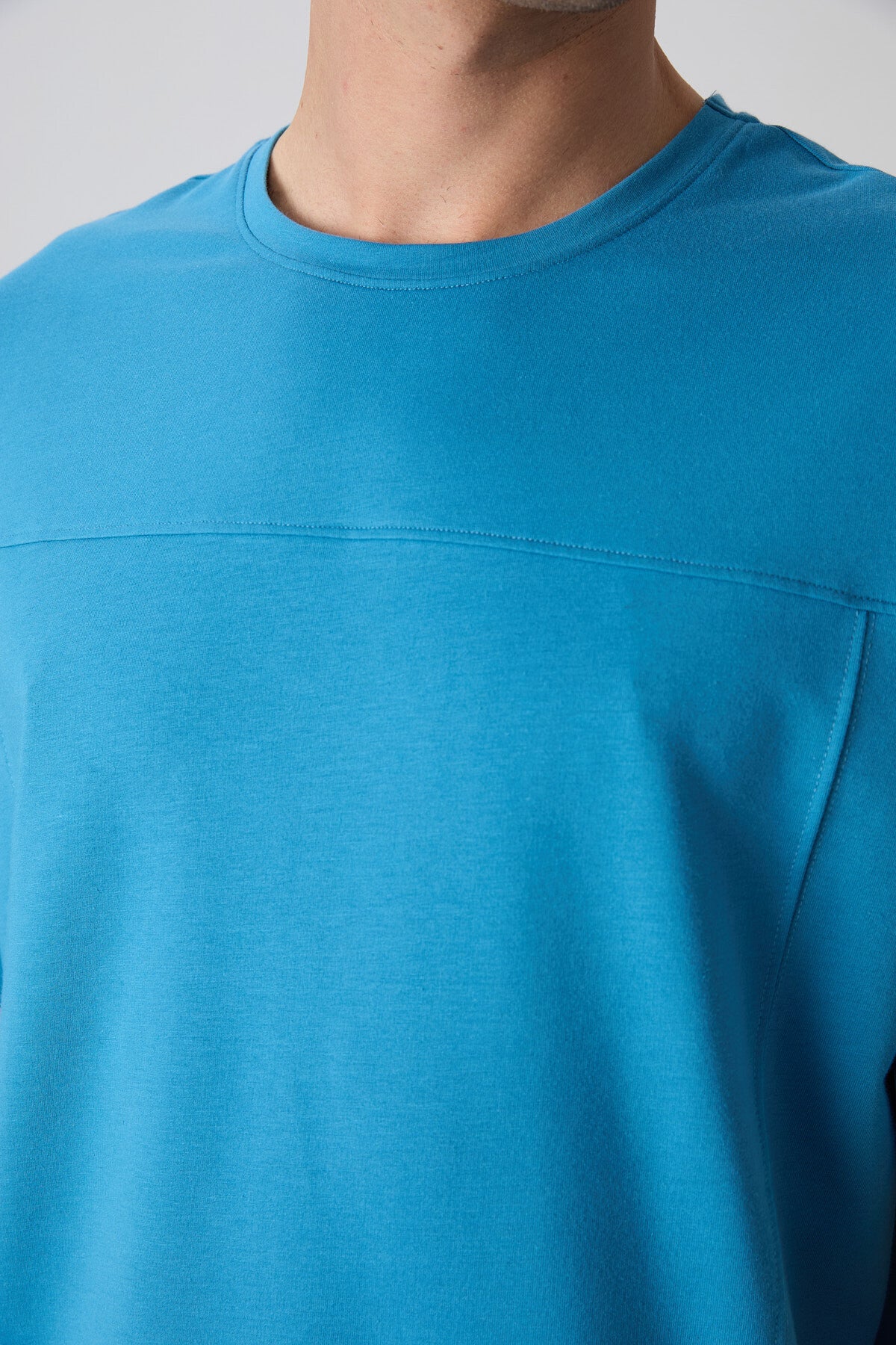 Image of Petrol Mavi Pamuklu Kalın Yumuşak Dokulu Oversize Fit Basic Erkek T-Shirt - 88349