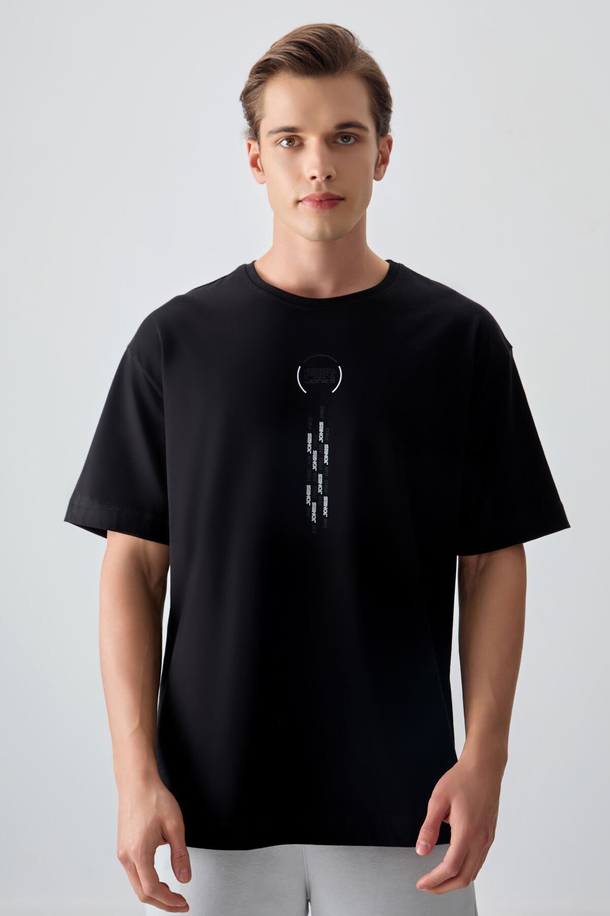 Image of Tricou bărbătesc negru, 100% bumbac, gros, texturat, supradimensionat, imprimat - 88355
