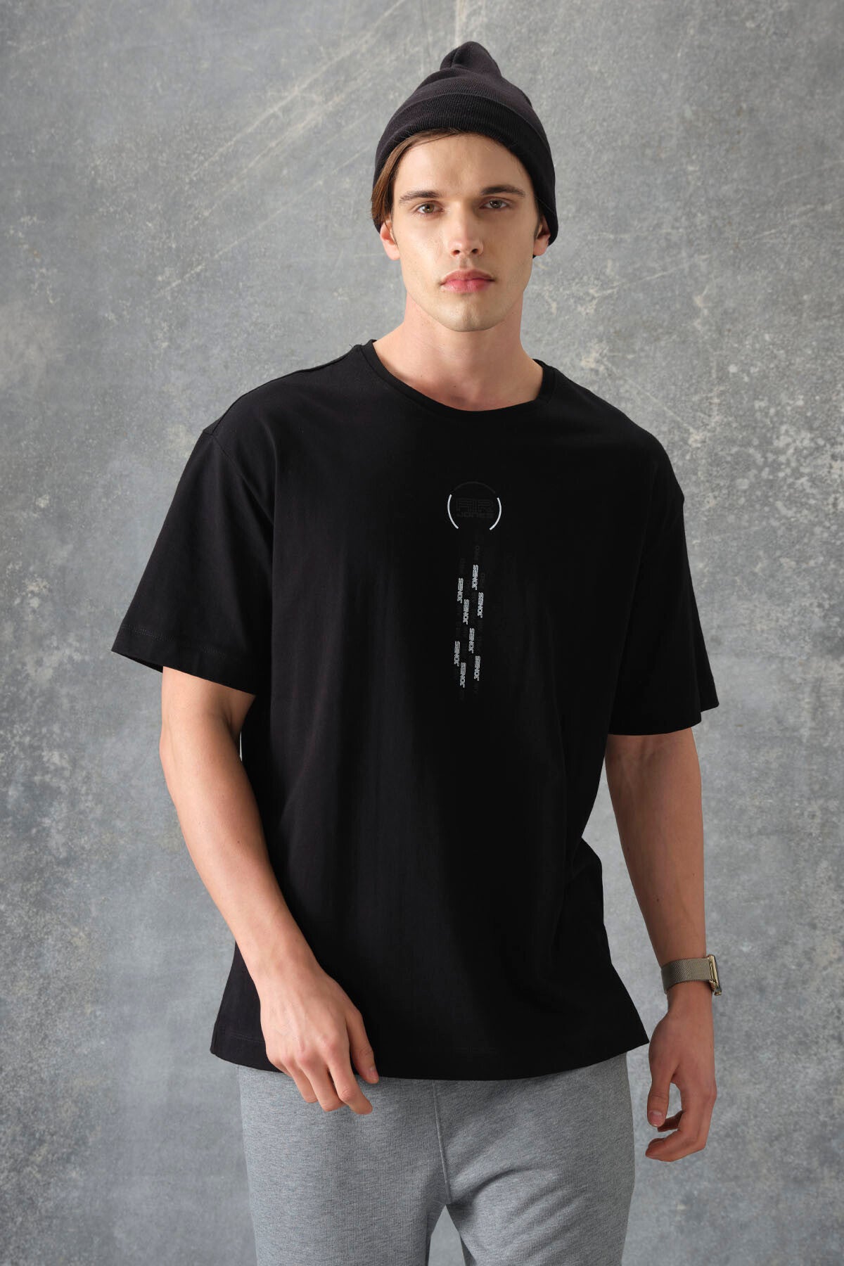 Image of Tricou bărbătesc negru, 100% bumbac, gros, texturat, supradimensionat, imprimat - 88355