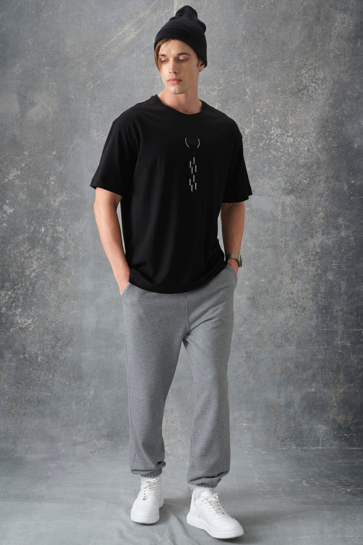 Image of Tricou bărbătesc negru, 100% bumbac, gros, texturat, supradimensionat, imprimat - 88355