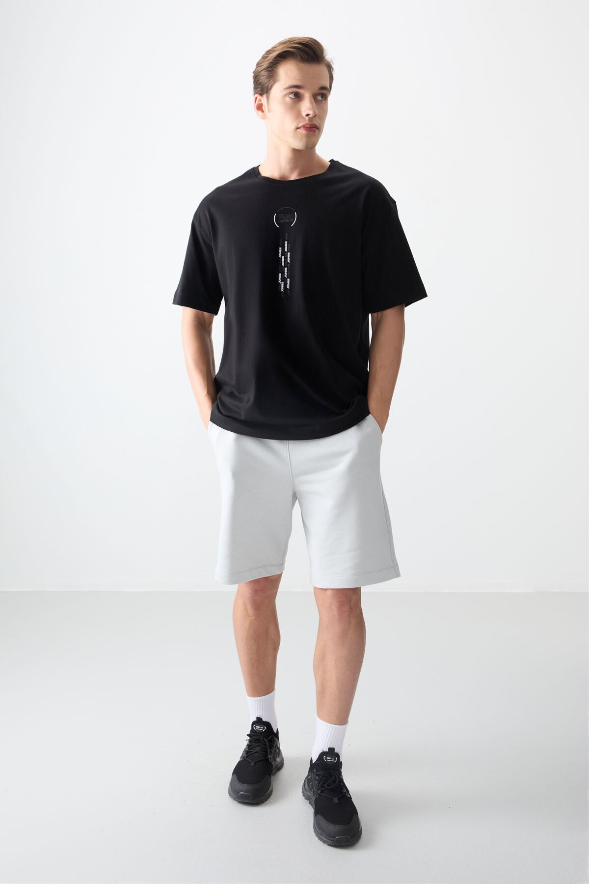 Image of Tricou bărbătesc negru, 100% bumbac, gros, texturat, supradimensionat, imprimat - 88355