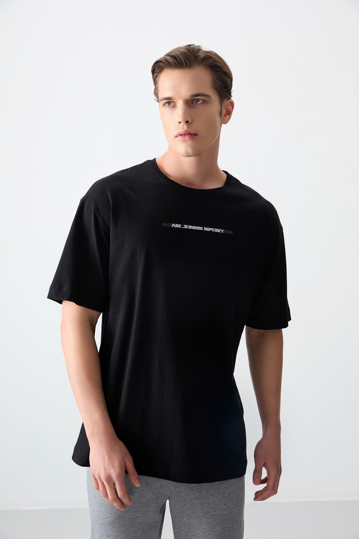 Image of Siyah %100 Pamuk Kalın Yumuşak Dokulu Oversize Fit Baskılı Erkek T-Shirt - 88358