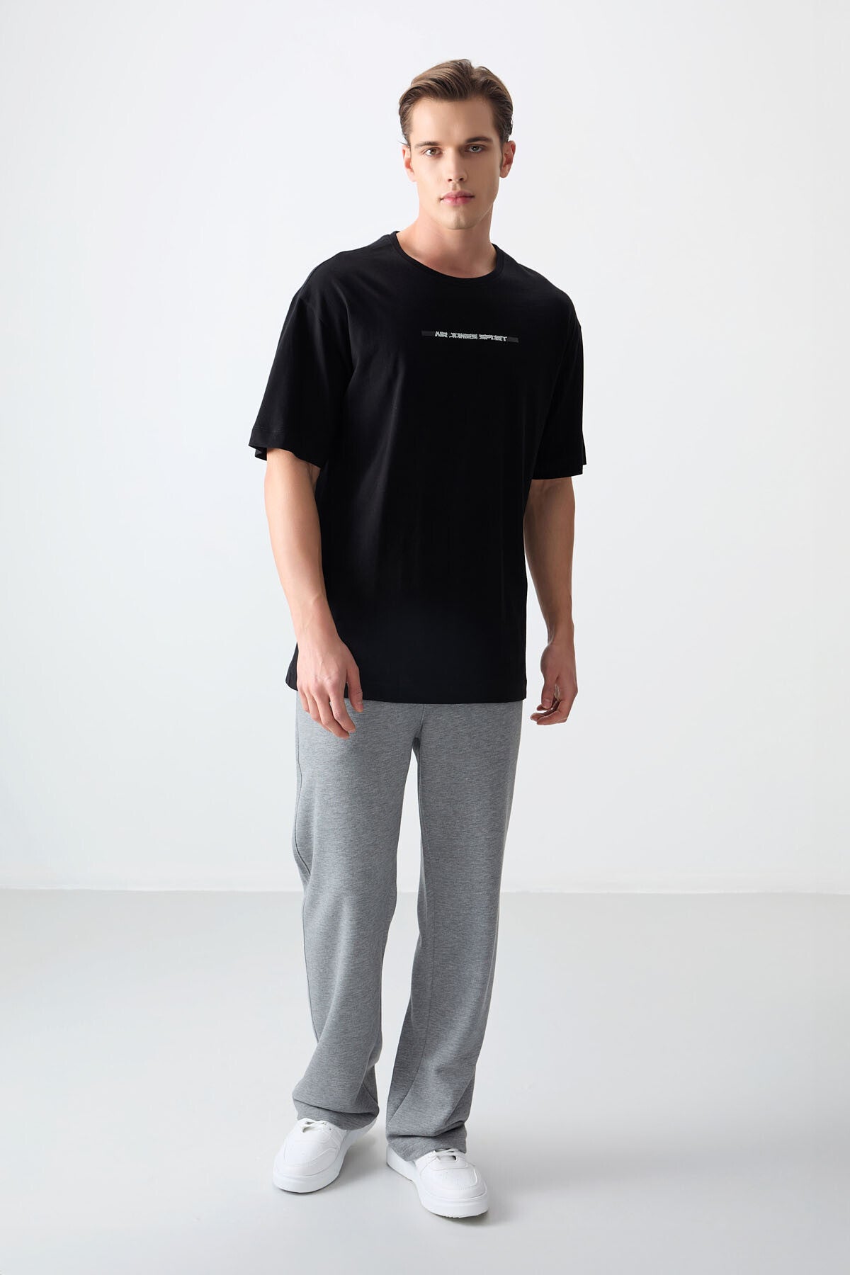Image of Siyah %100 Pamuk Kalın Yumuşak Dokulu Oversize Fit Baskılı Erkek T-Shirt - 88358