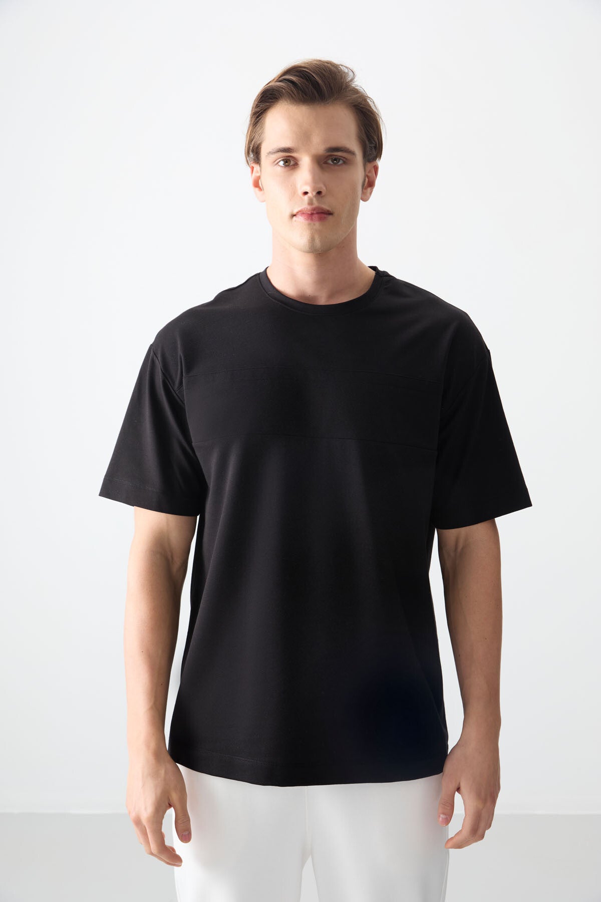 Image of Siyah Pamuklu Kalın Yumuşak Dokulu Oversize Fit Basic Erkek T-Shirt - 88378