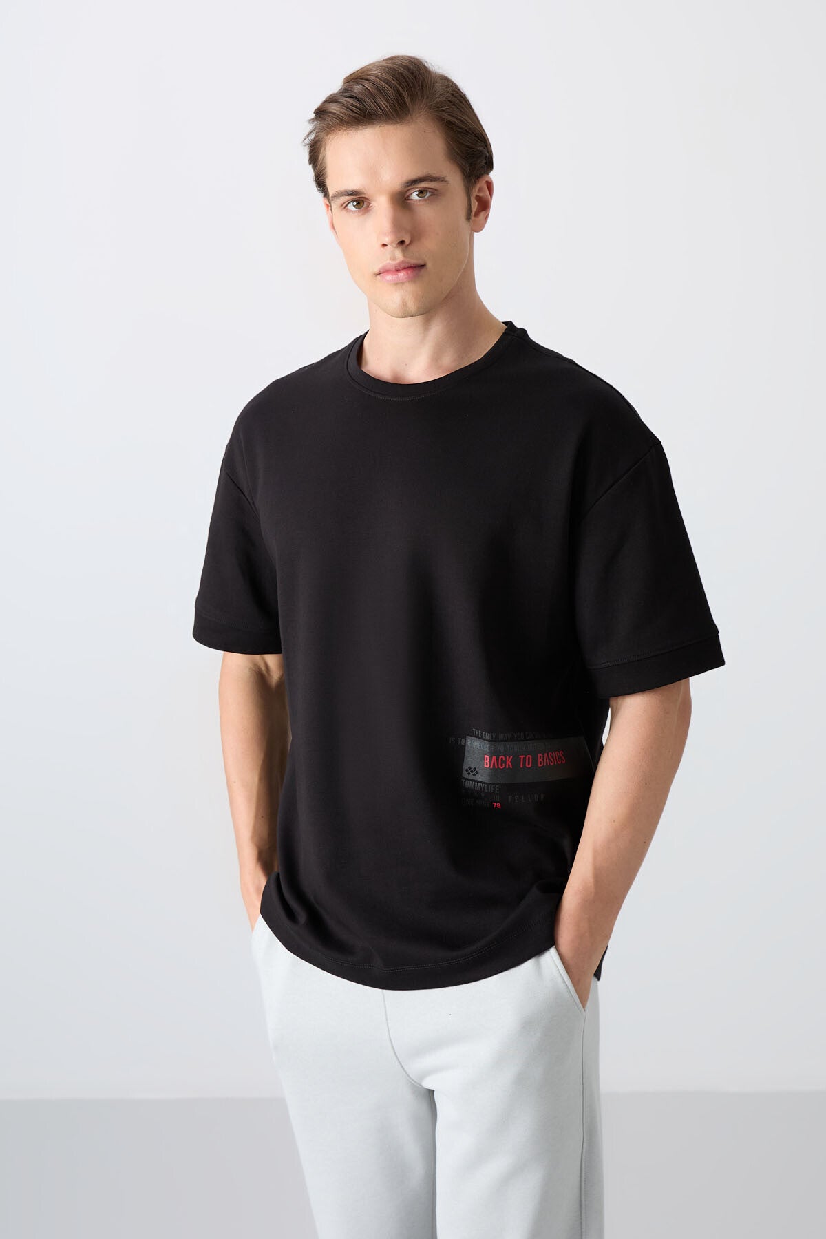 Image of Tricou bărbătesc negru din bumbac gros, texturat, supradimensionat, imprimat - 88322