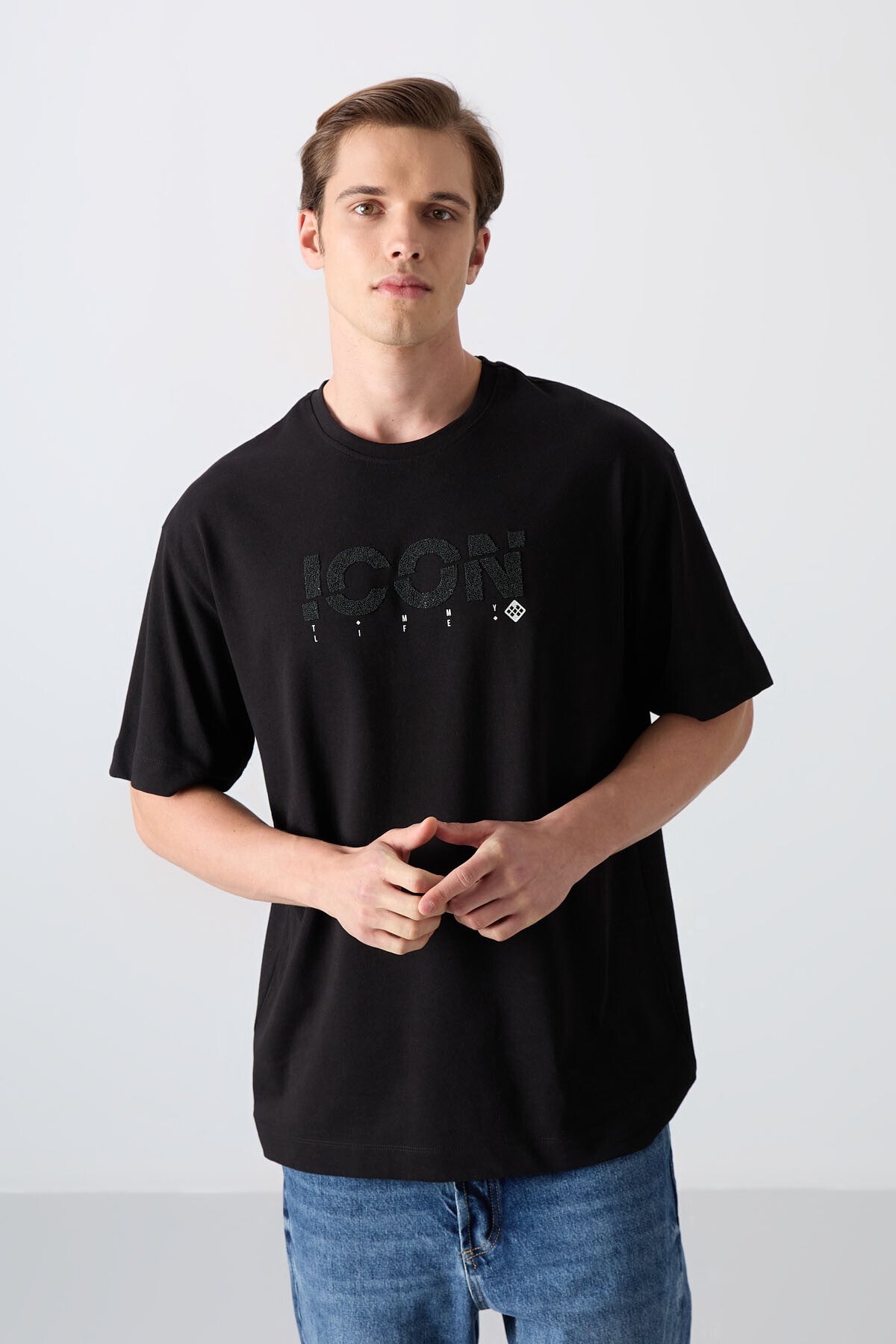 Image of Siyah Pamuklu Kalın Yumuşak Dokulu Oversize Fit Baskılı Erkek T-Shirt - 88331