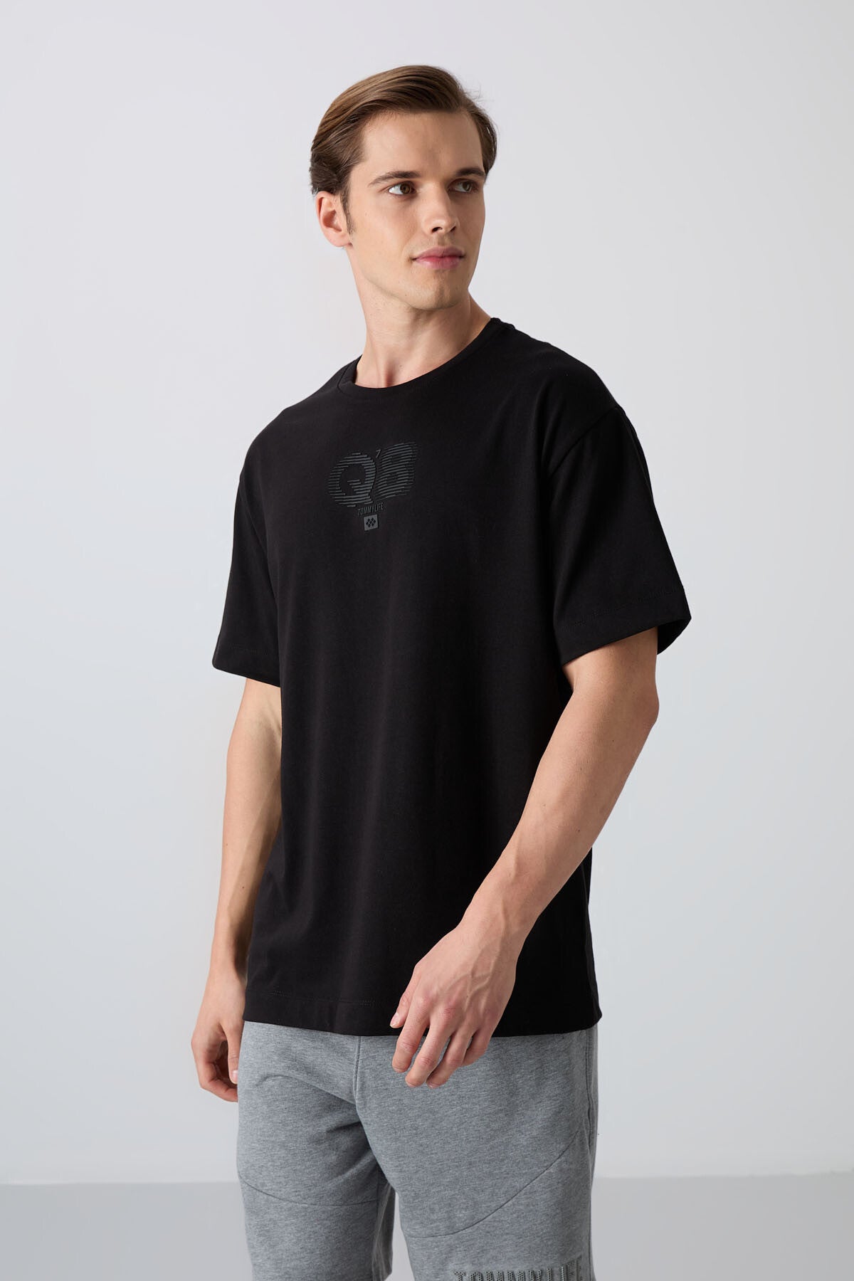 Image of Siyah Pamuklu Kalın Yumuşak Dokulu Oversize Fit Baskılı Erkek T-Shirt - 88333