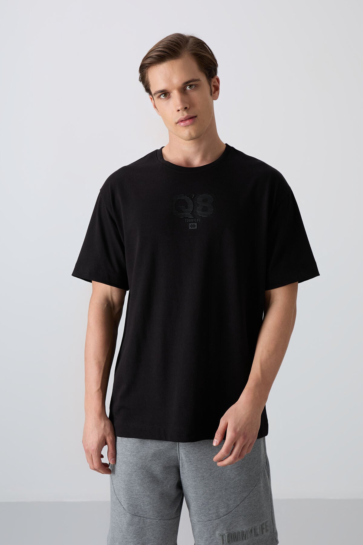 Image of Siyah Pamuklu Kalın Yumuşak Dokulu Oversize Fit Baskılı Erkek T-Shirt - 88333