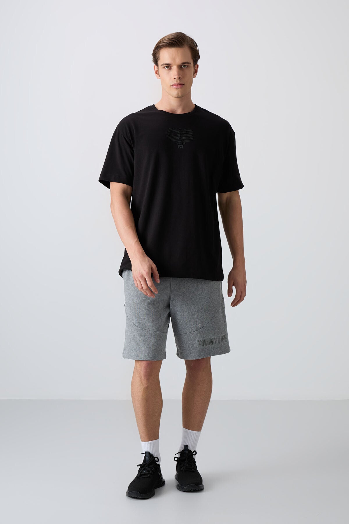 Image of Siyah Pamuklu Kalın Yumuşak Dokulu Oversize Fit Baskılı Erkek T-Shirt - 88333