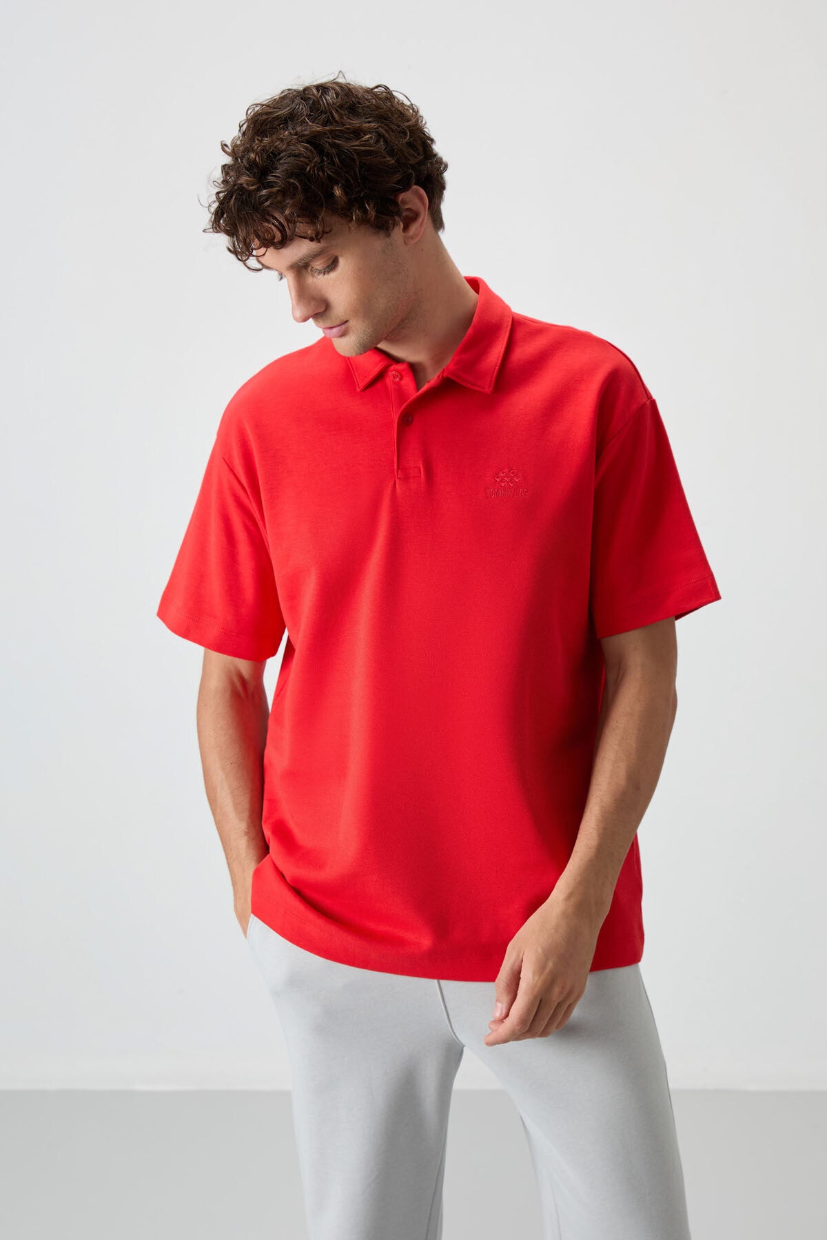 Image of Fiesta Pamuklu Kalın Yumuşak Dokulu Oversize Fit Basic Polo Yaka Erkek T-Shirt - 88327