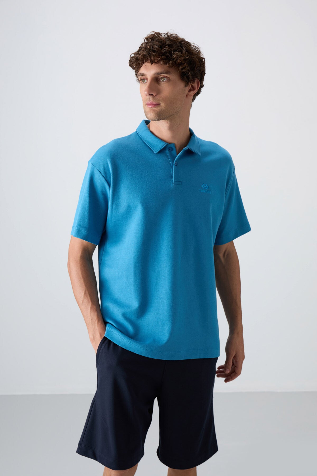 Image of Petrol Mavi Pamuklu Kalın Yumuşak Dokulu Oversize Fit Basic Polo Yaka Erkek T-Shirt - 88327