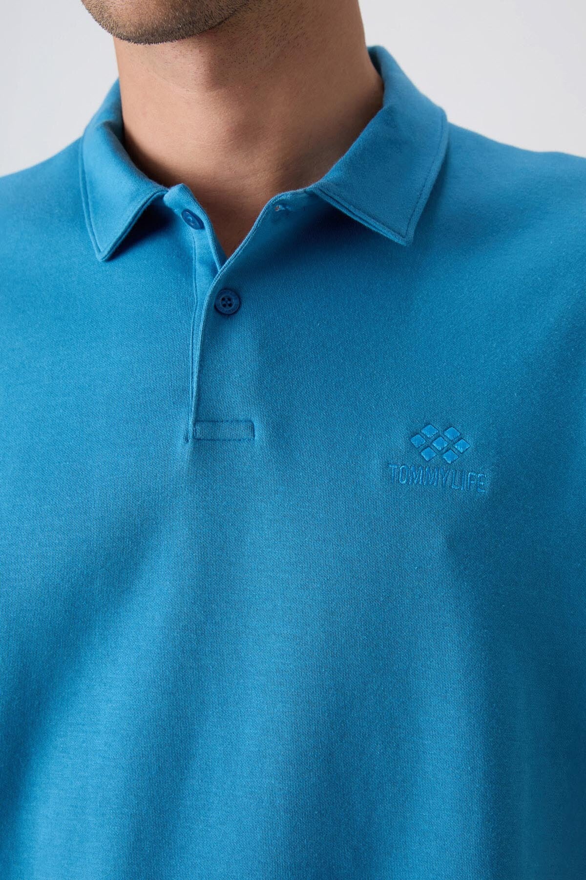 Image of Petrol Mavi Pamuklu Kalın Yumuşak Dokulu Oversize Fit Basic Polo Yaka Erkek T-Shirt - 88327