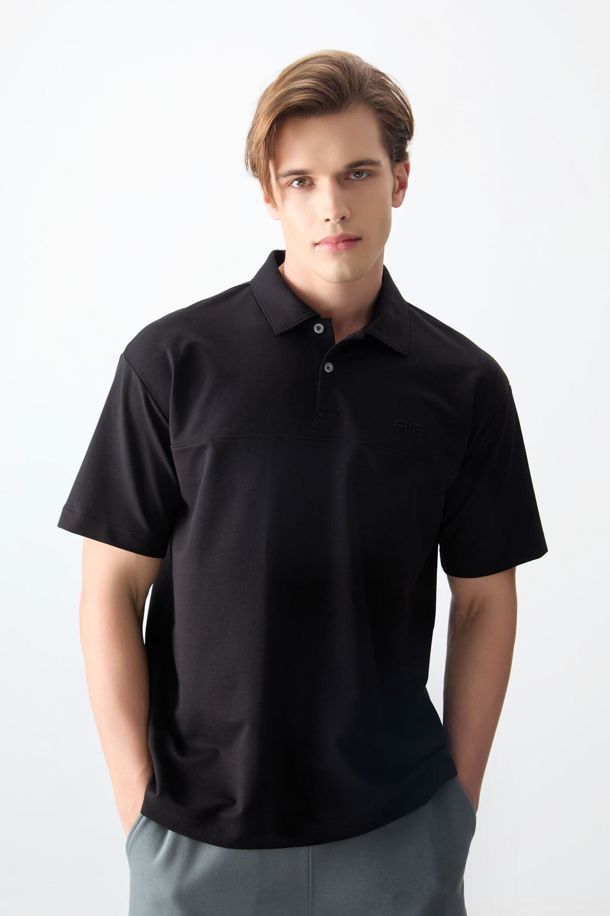 Image of Siyah Pamuklu Kalın Yumuşak Dokulu Polo Yaka Oversize Fit Basic Erkek T- Shirt - 88382