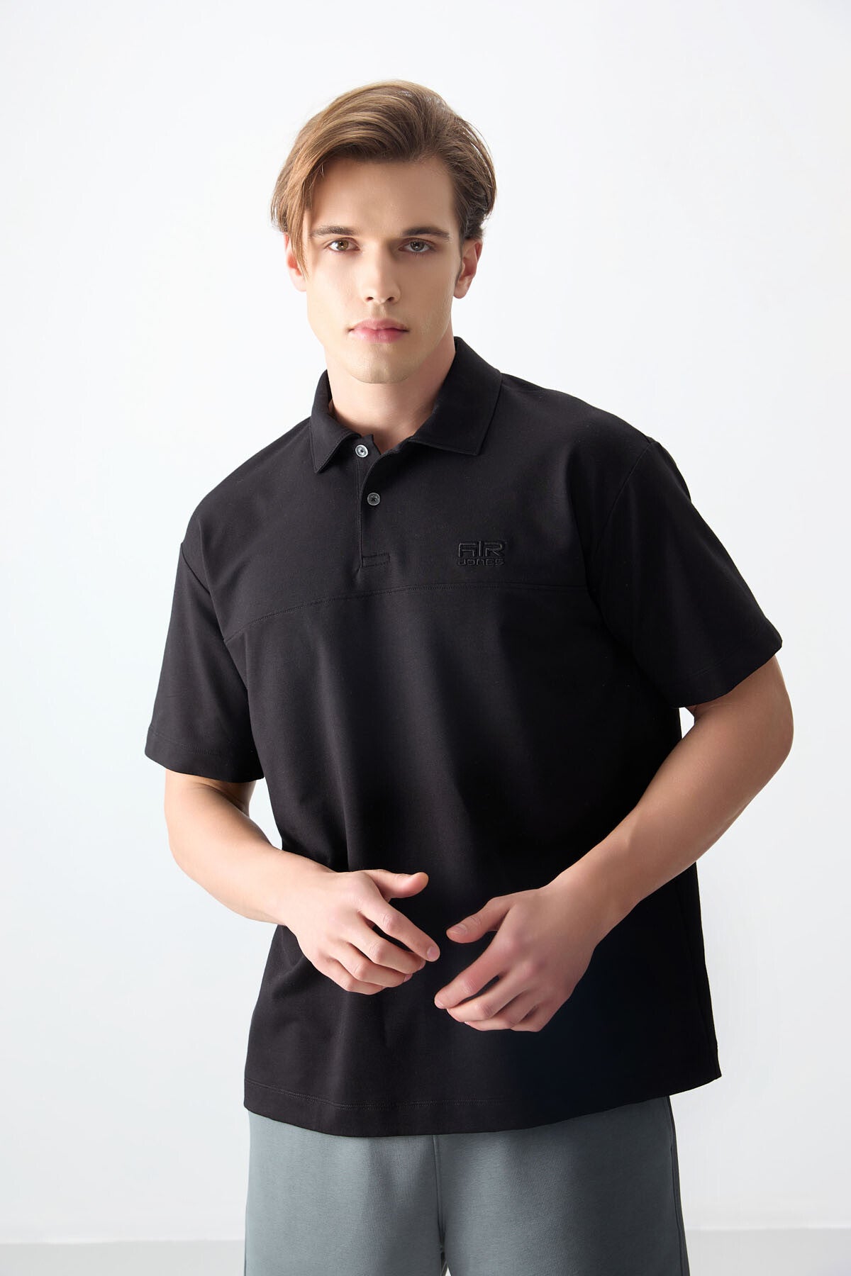 Image of Siyah Pamuklu Kalın Yumuşak Dokulu Polo Yaka Oversize Fit Basic Erkek T- Shirt - 88382