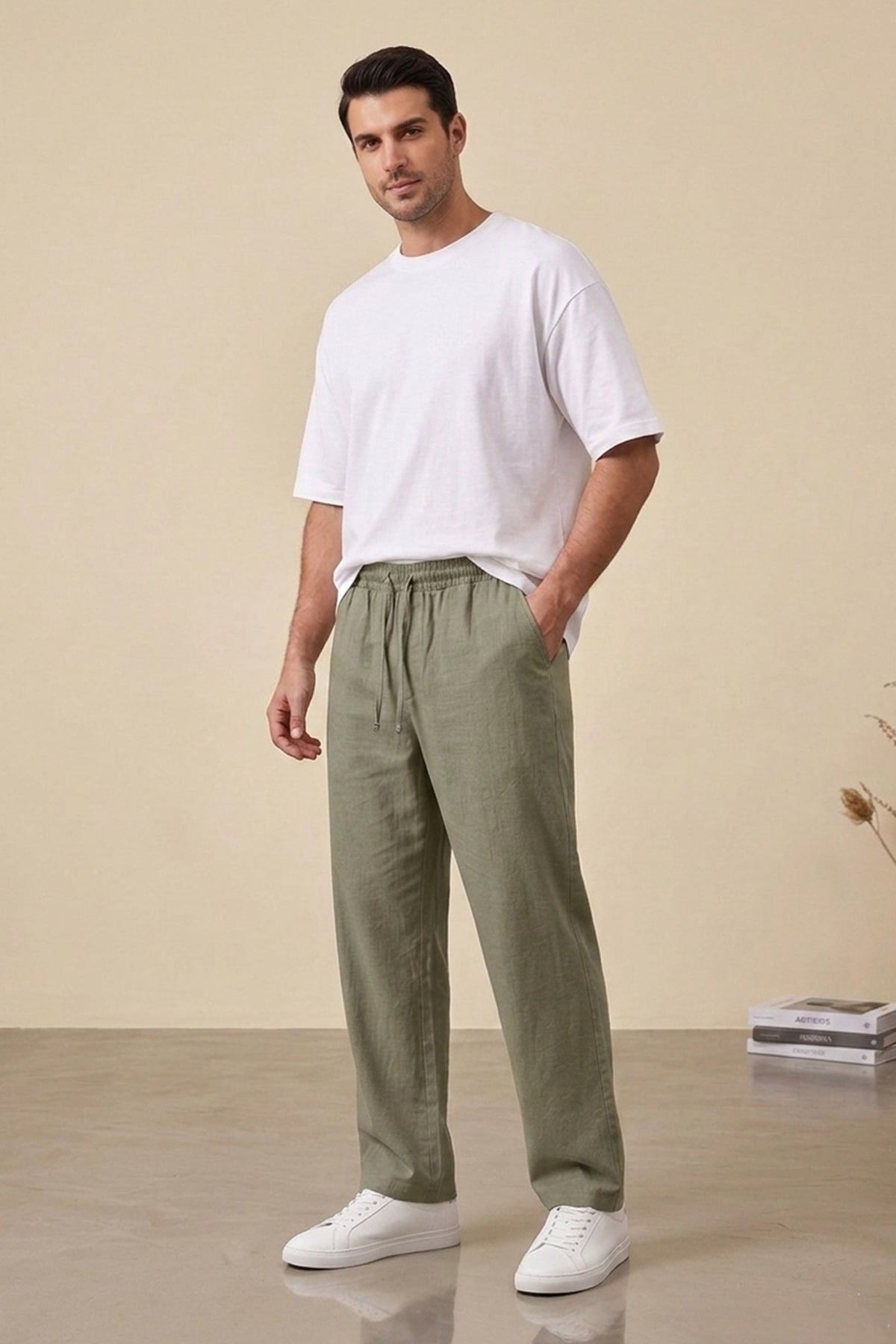 Image of Erkek Rahat Keten Pantolon 30118 - Haki