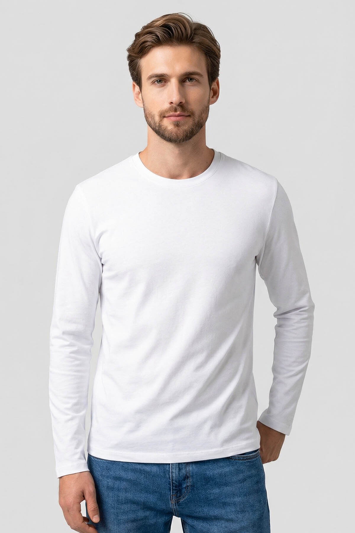 Image of Beyaz Standart Fit Basic O Yaka Uzun Kollu İnce Erkek T-Shirt- 87997