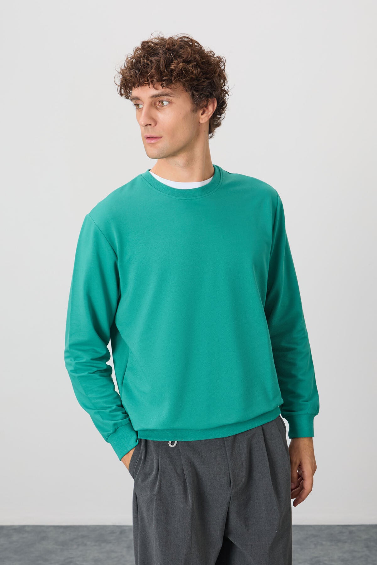 Image of Deniz Yeşili Pamuk Yumuşak Dokulu Standart Fit Basic Erkek Sweatshirt - 88363