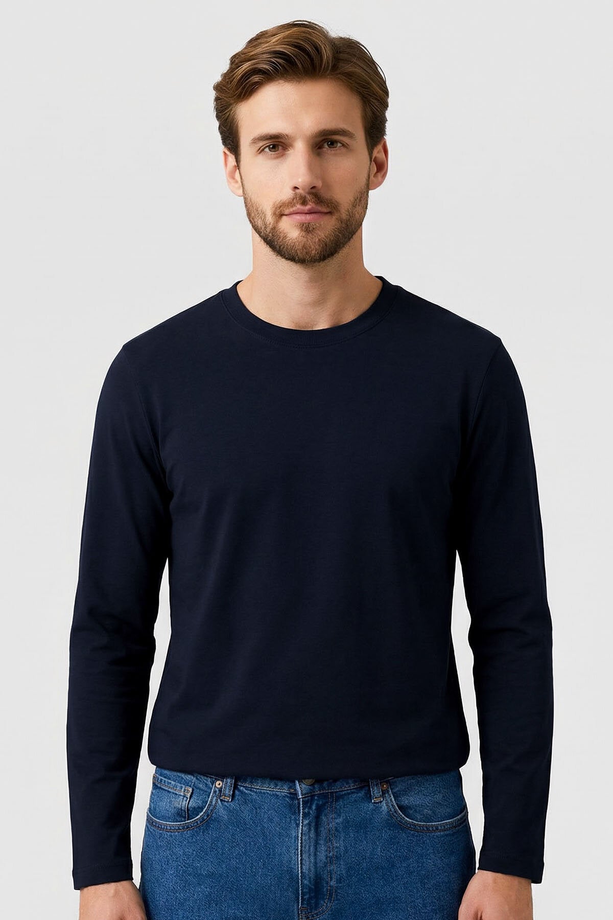 Image of Lacivert Standart Fit Basic O Yaka Uzun Kollu İnce Erkek T-Shirt - 87997
