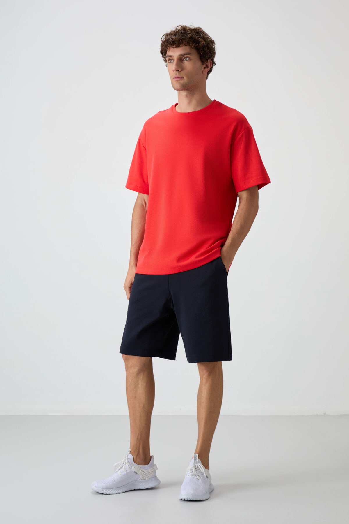 Image of Fiesta - Lacivert Pamuklu Kalın Yumuşak Dokulu Oversize Fit Basic Erkek Şort Takım - 85249
