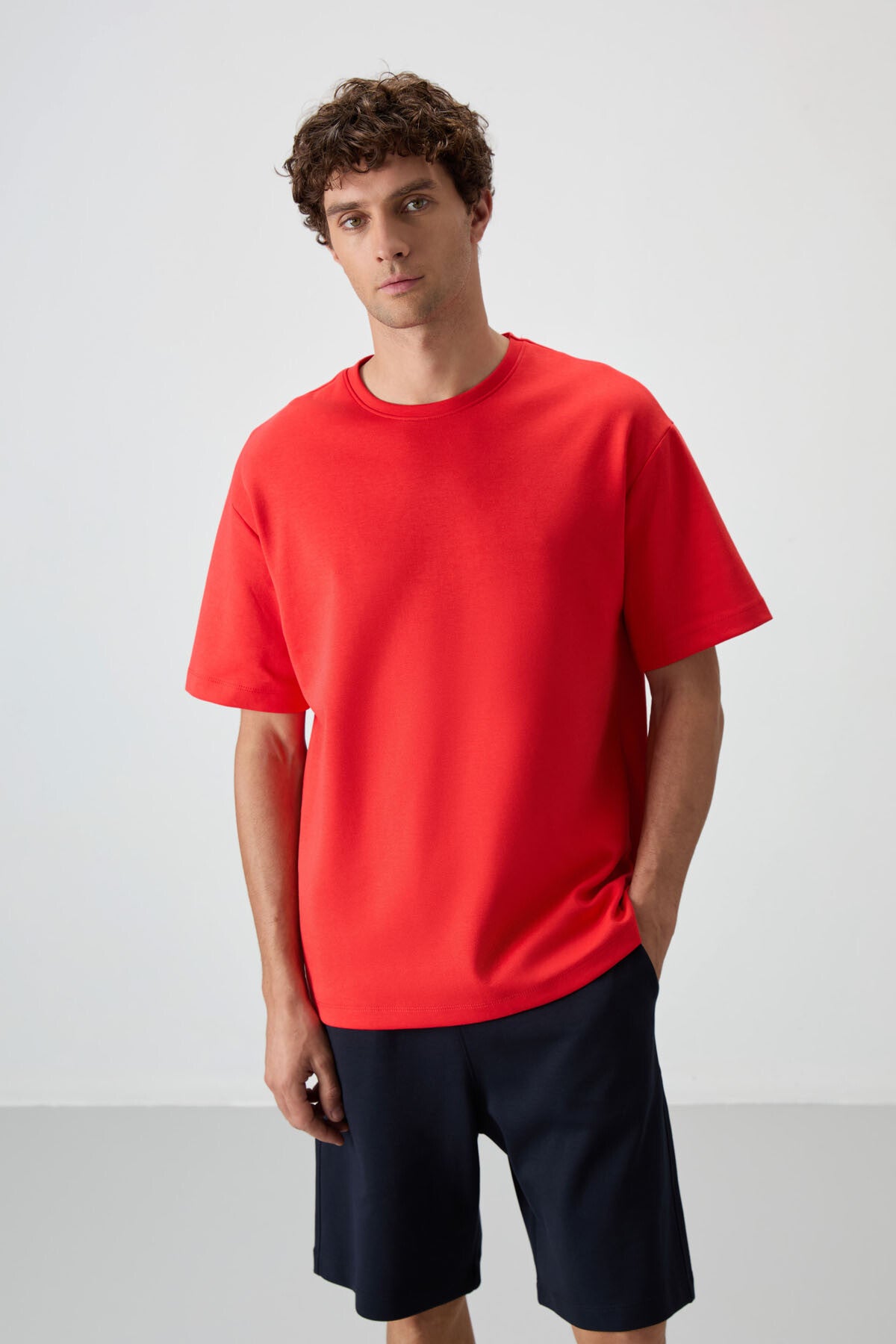 Image of Fiesta - Lacivert Pamuklu Kalın Yumuşak Dokulu Oversize Fit Basic Erkek Şort Takım - 85249