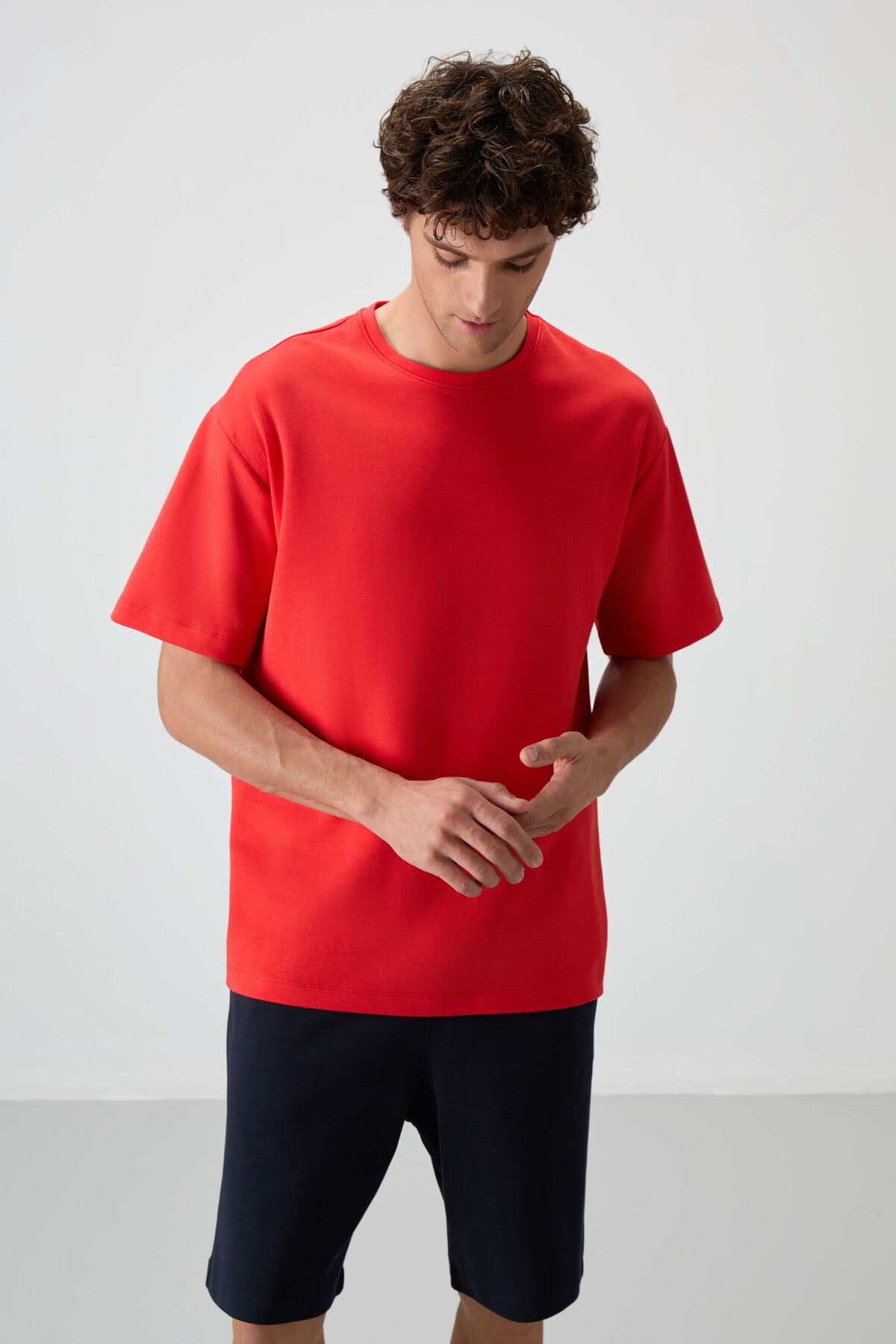 Image of Fiesta - Lacivert Pamuklu Kalın Yumuşak Dokulu Oversize Fit Basic Erkek Şort Takım - 85249