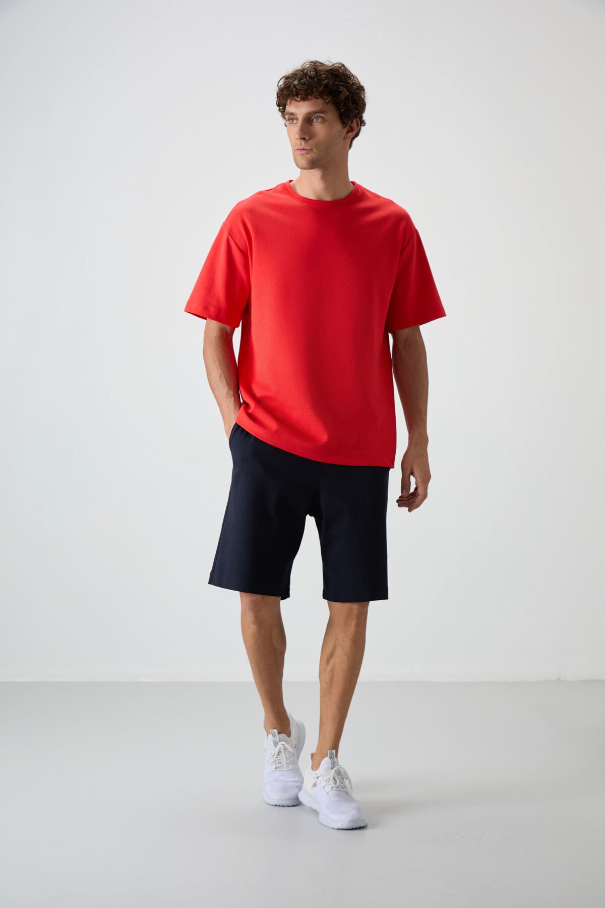 Image of Fiesta - Lacivert Pamuklu Kalın Yumuşak Dokulu Oversize Fit Basic Erkek Şort Takım - 85249