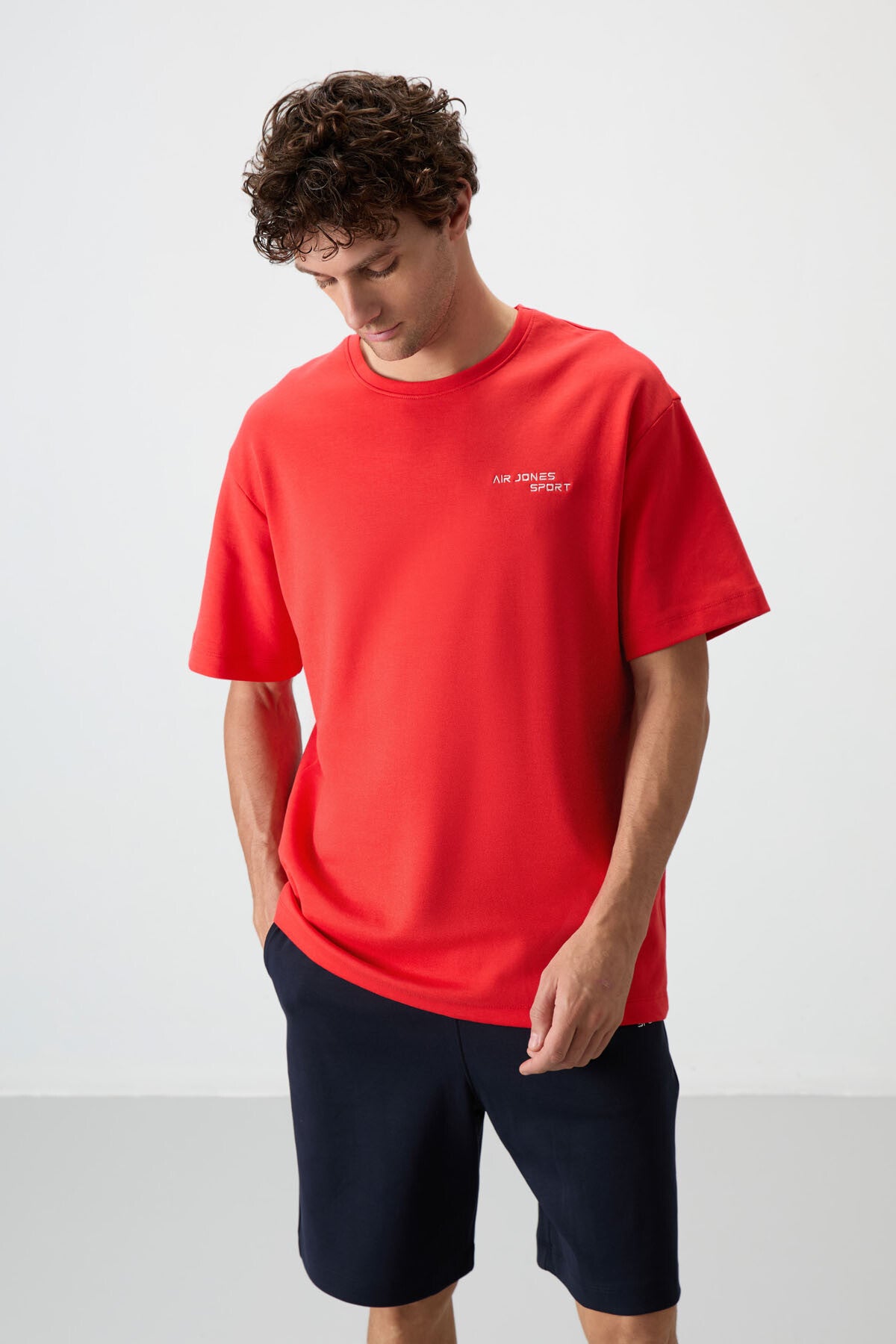 Image of Fiesta - Lacivert Pamuklu Kalın Yumuşak Dokulu Oversize Fit Nakışlı Erkek Şort Takım - 85250
