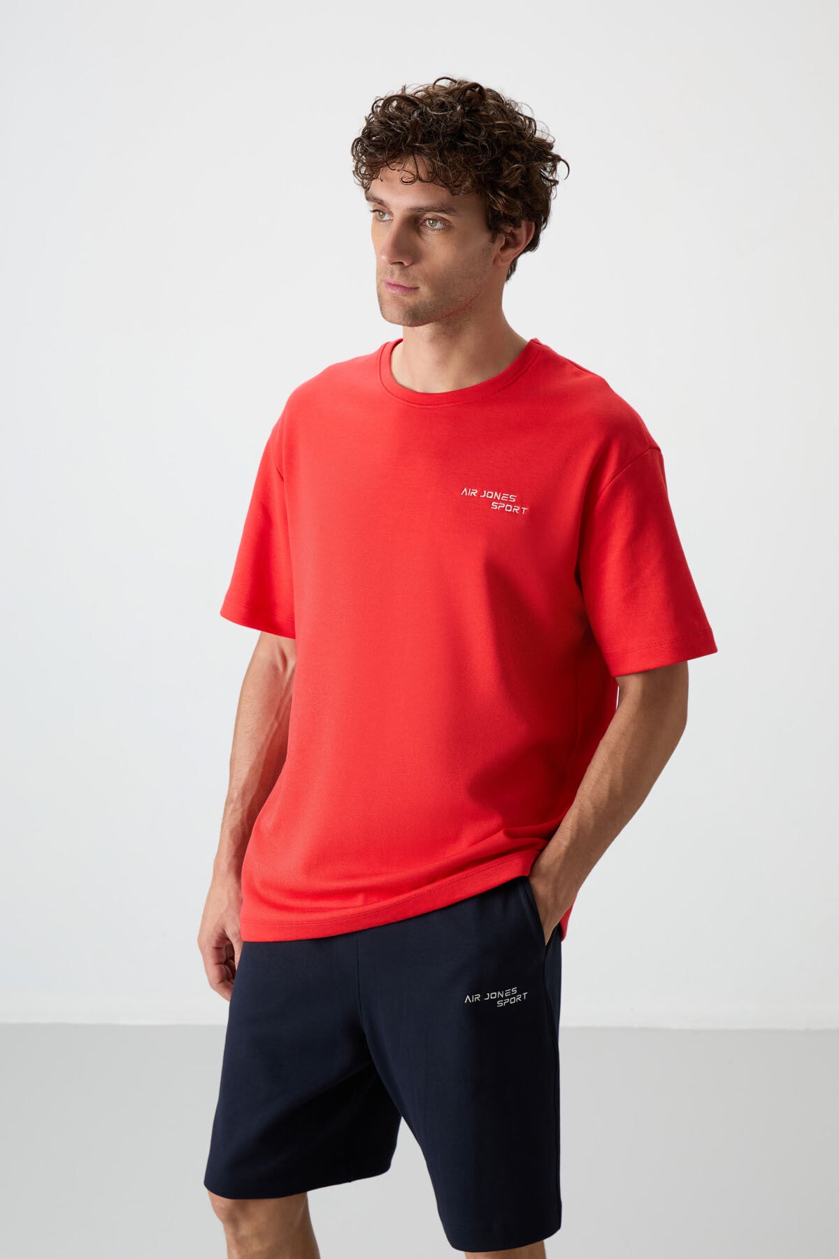 Image of Fiesta - Lacivert Pamuklu Kalın Yumuşak Dokulu Oversize Fit Nakışlı Erkek Şort Takım - 85250