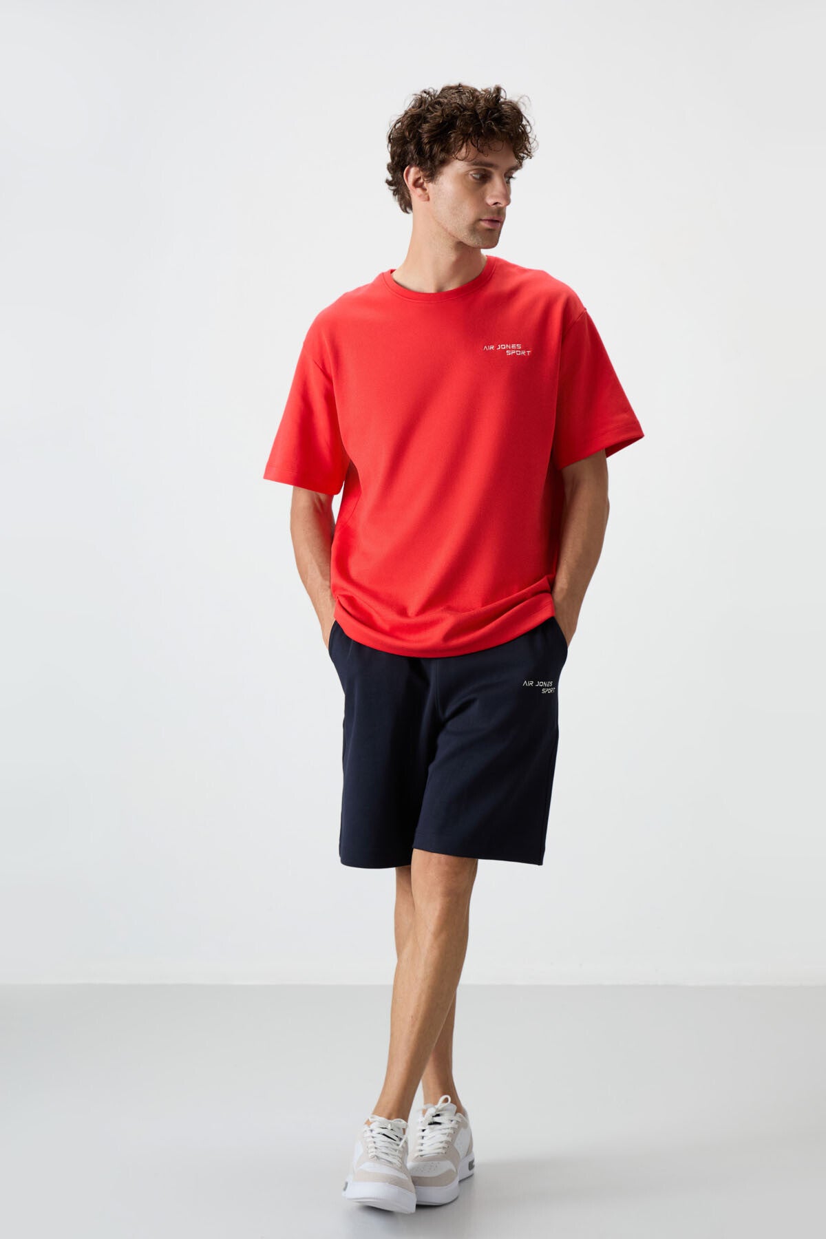 Image of Fiesta - Lacivert Pamuklu Kalın Yumuşak Dokulu Oversize Fit Nakışlı Erkek Şort Takım - 85250