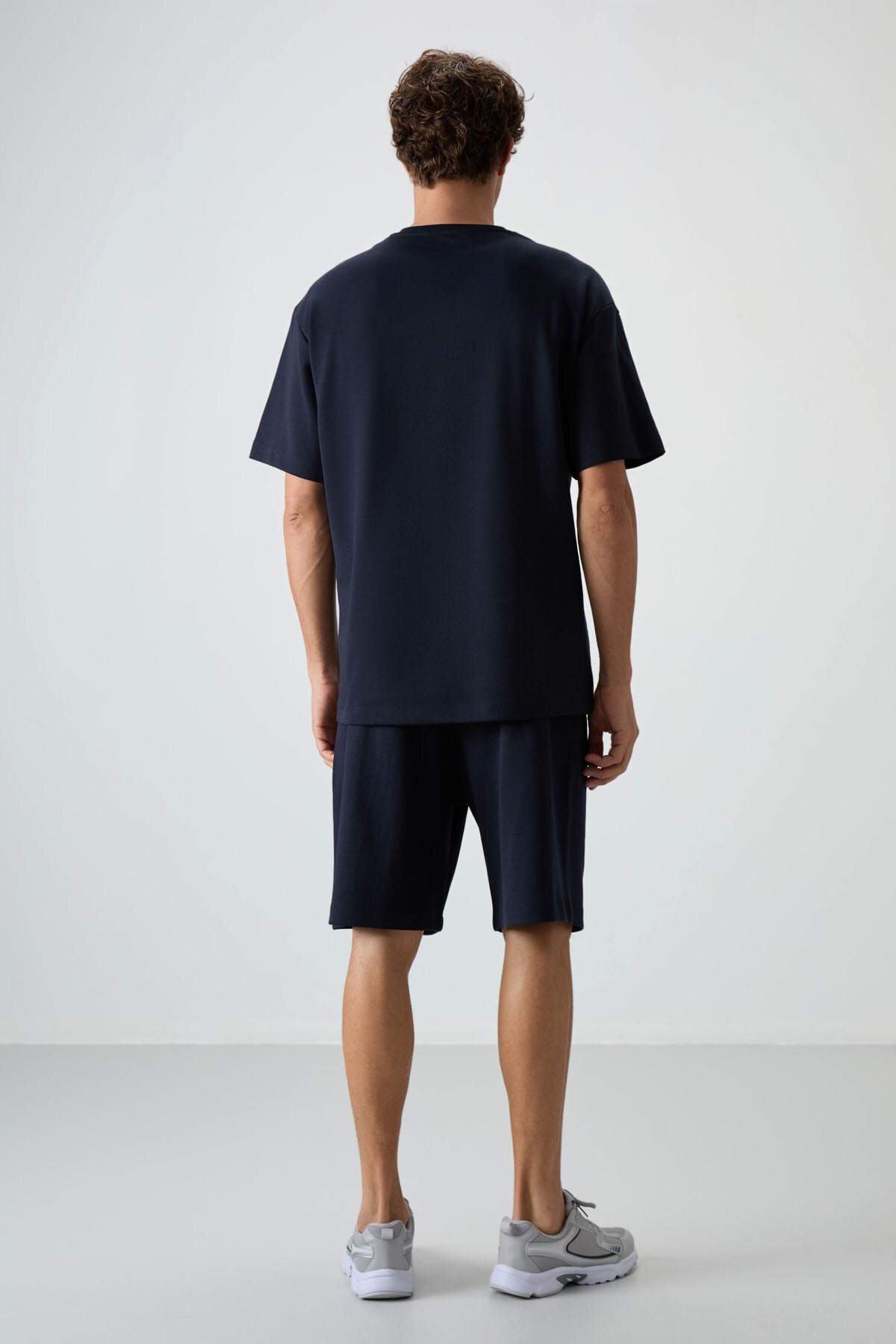 Image of Lacivert Pamuklu Kalın Yumuşak Dokulu Oversize Fit Basic Erkek Şort Takım - 85249