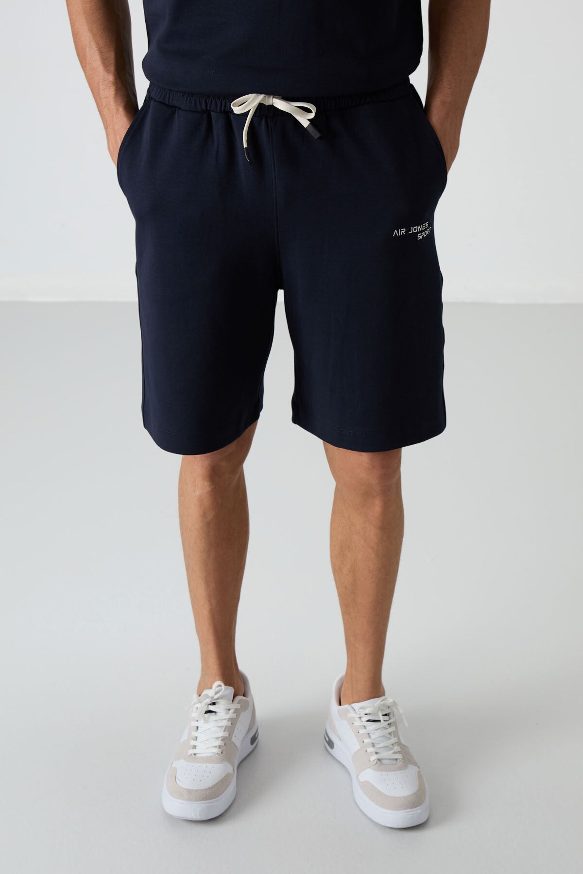 Image of Lacivert Pamuklu Kalın Yumuşak Dokulu Oversize Fit Nakışlı Erkek Şort Takım - 85250