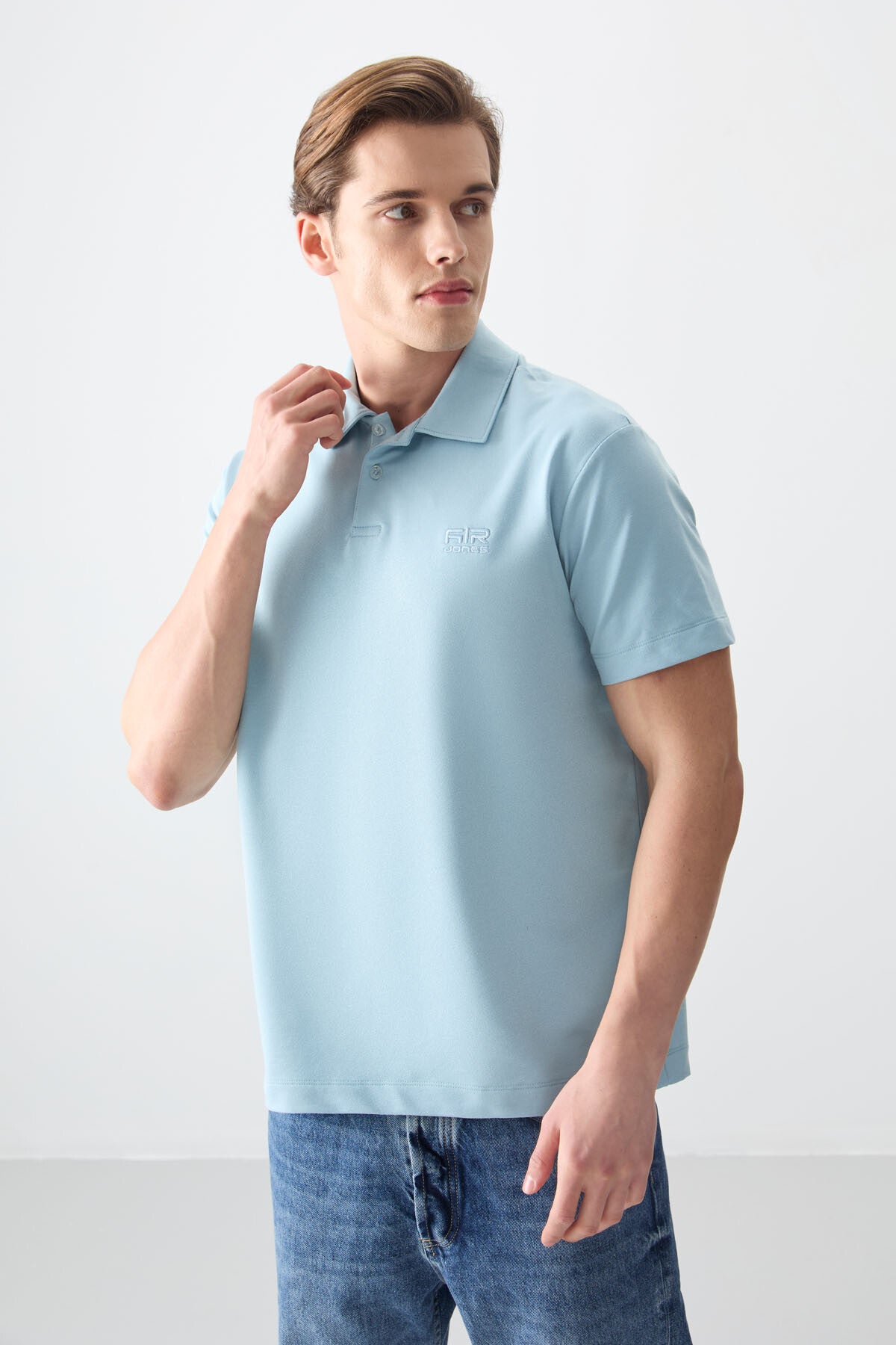 Image of Açık Mavi Pamuklu Kalın Yumuşak Dokulu Polo Yaka Oversize Fit Basic Erkek T- Shirt - 88381