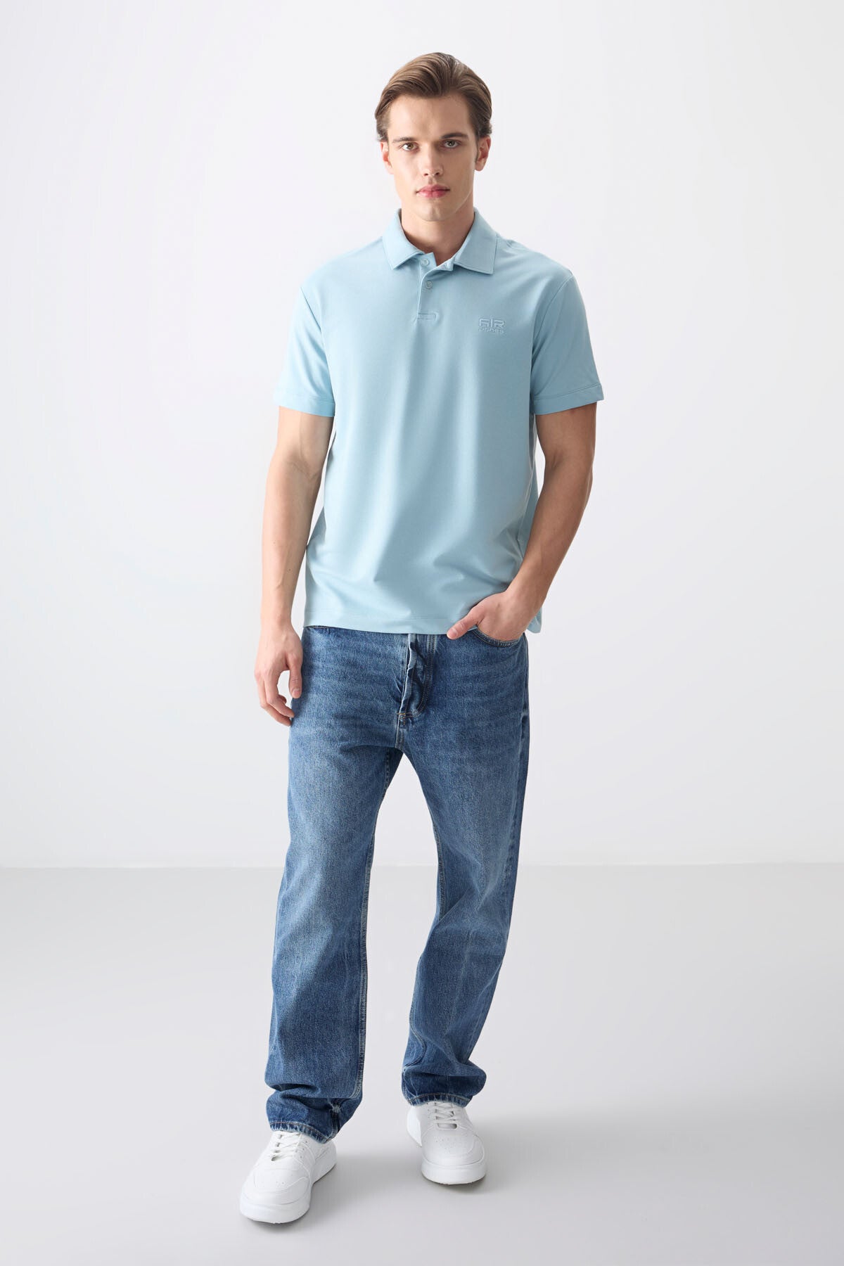 Image of Açık Mavi Pamuklu Kalın Yumuşak Dokulu Polo Yaka Oversize Fit Basic Erkek T- Shirt - 88381