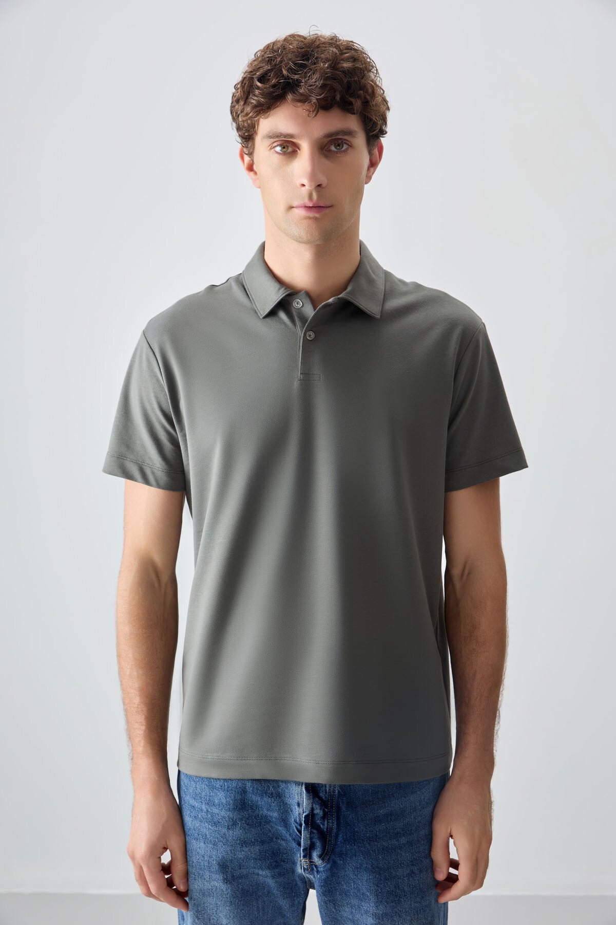 Image of Haki Pamuklu Kalın Yumuşak Dokulu Polo Yaka Oversize Fit Basic Erkek T- Shirt - 88381