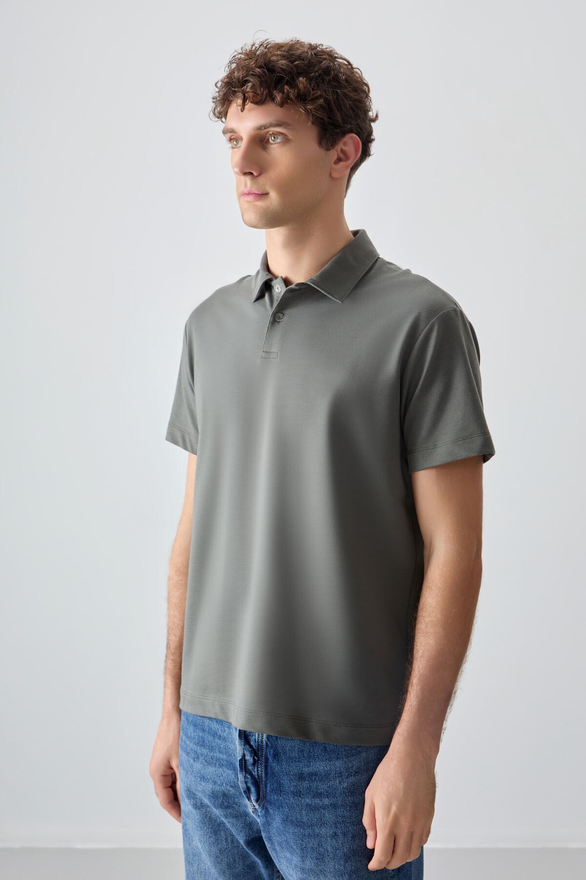 Image of Haki Pamuklu Kalın Yumuşak Dokulu Polo Yaka Oversize Fit Basic Erkek T- Shirt - 88381