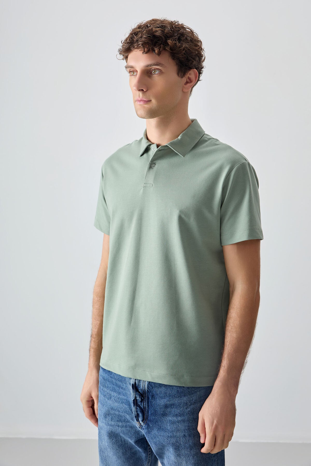 Image of Tricou bărbătesc verde deschis, gros, texturat, cu guler polo, croială supradimensionată, de bază - 88381