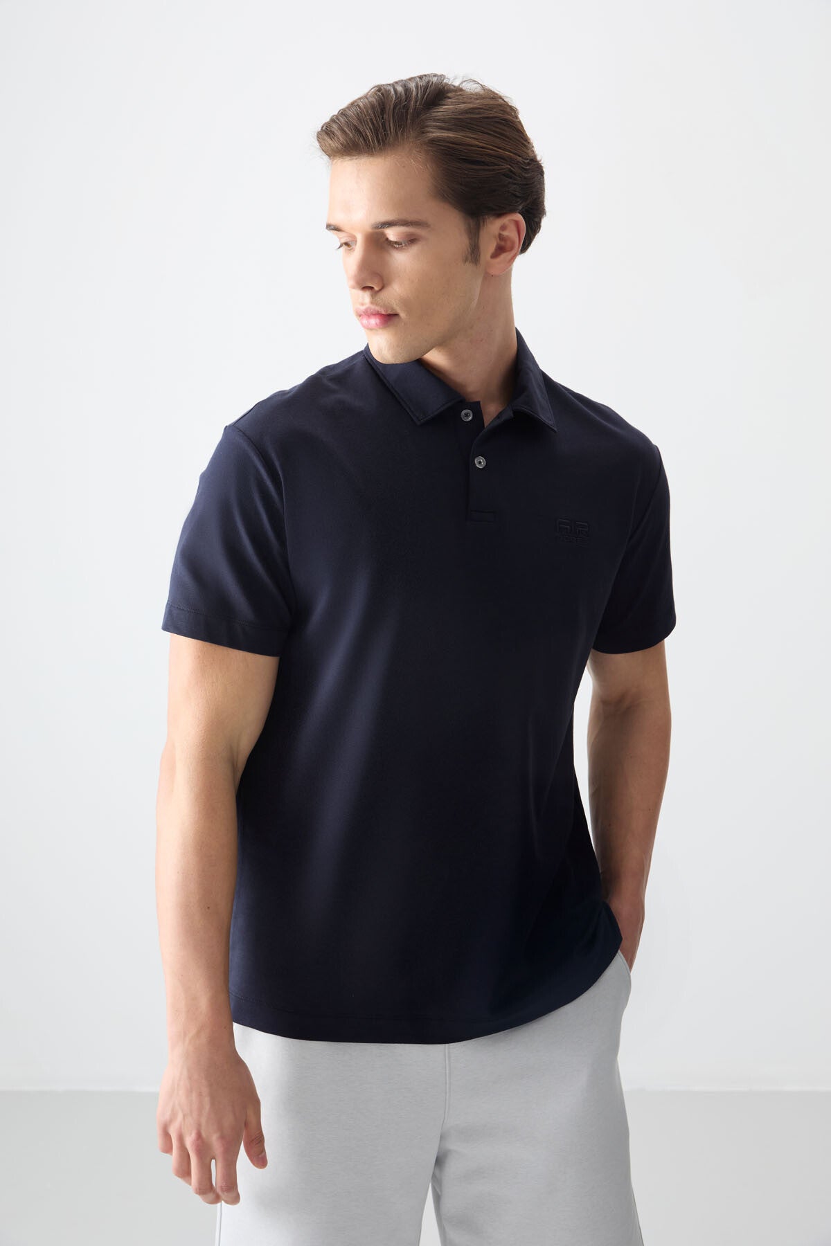 Image of Lacivert Pamuklu Kalın Yumuşak Dokulu Polo Yaka Oversize Fit Basic Erkek T- Shirt - 88381